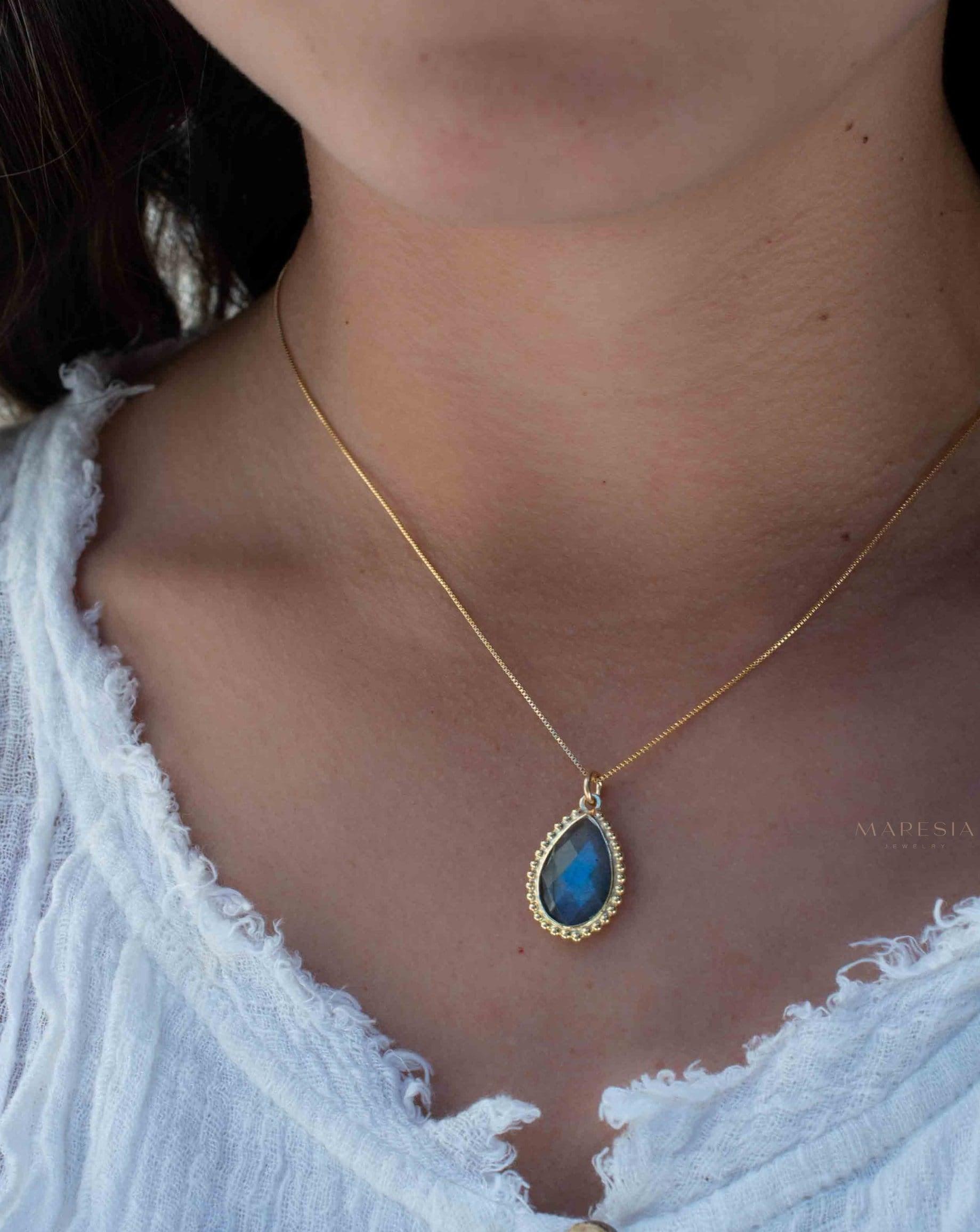 Labradorite, Pink Moonstone, Black Onyx, Aventurine & Aqua Chalcedony Necklace ~ Tear Drop ~ Gold Plated over Sterling Silver~MN149