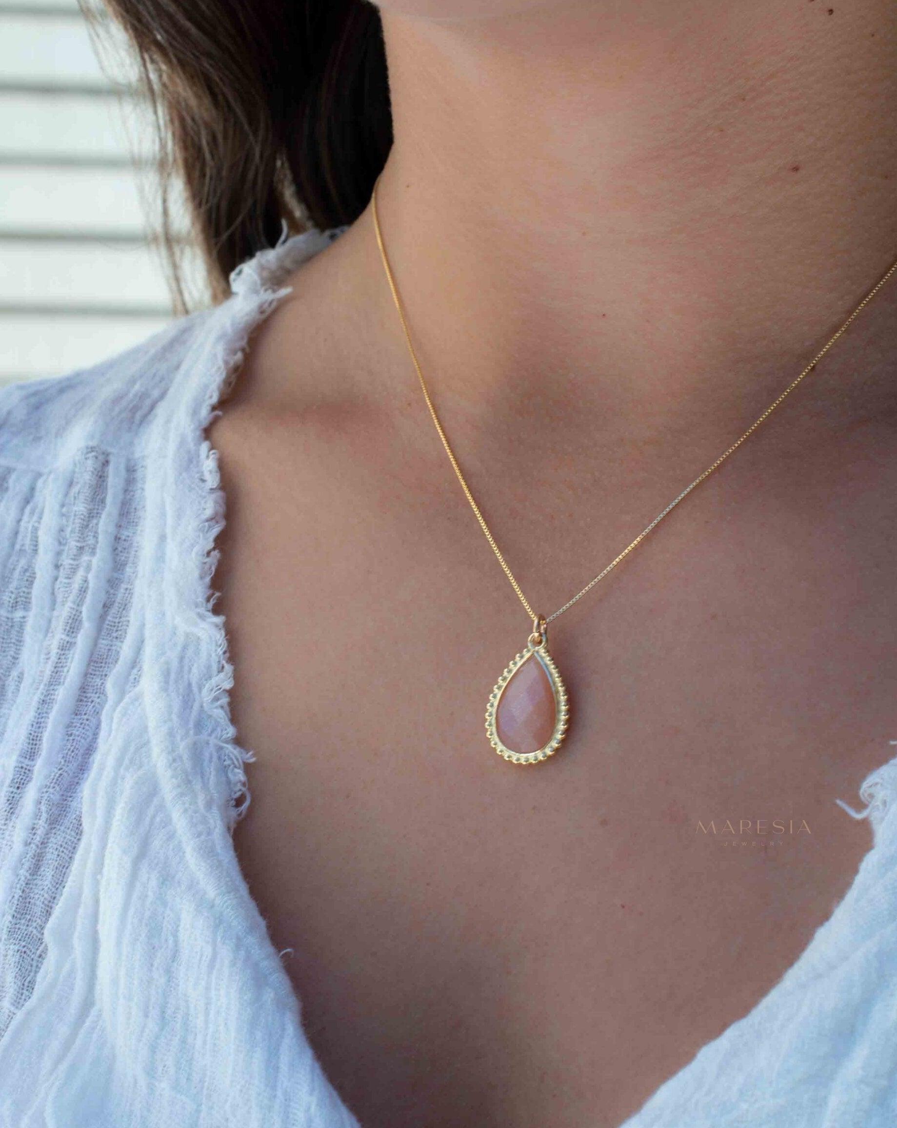 Labradorite, Pink Moonstone, Black Onyx, Aventurine & Aqua Chalcedony Necklace ~ Tear Drop ~ Gold Plated over Sterling Silver~MN149