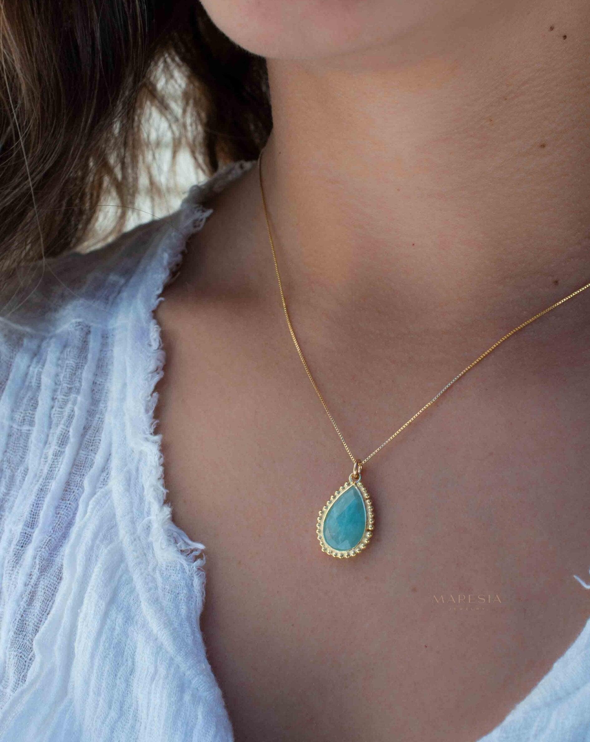 Labradorite, Pink Moonstone, Black Onyx, Aventurine & Aqua Chalcedony Necklace ~ Tear Drop ~ Gold Plated over Sterling Silver~MN149