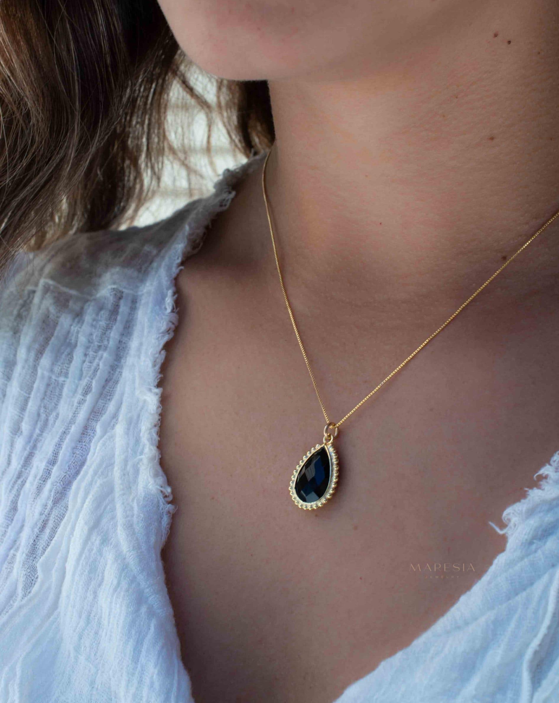 Labradorite, Pink Moonstone, Black Onyx, Aventurine & Aqua Chalcedony Necklace ~ Tear Drop ~ Gold Plated over Sterling Silver~MN149