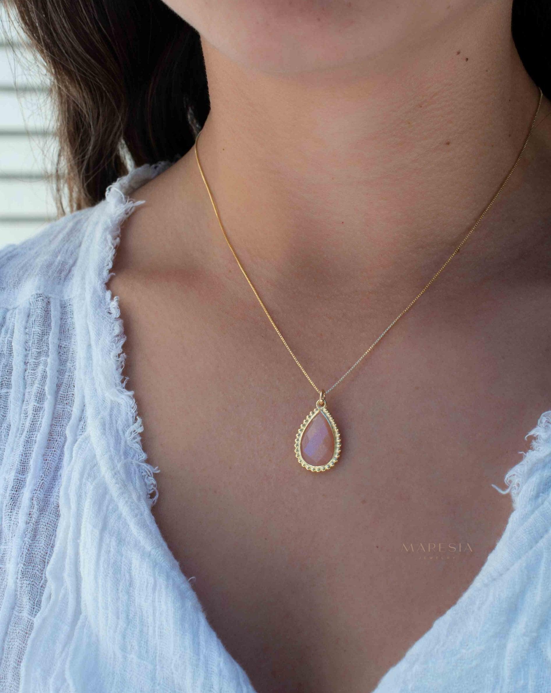 Labradorite, Pink Moonstone, Black Onyx, Aventurine & Aqua Chalcedony Necklace ~ Tear Drop ~ Gold Plated over Sterling Silver~MN149