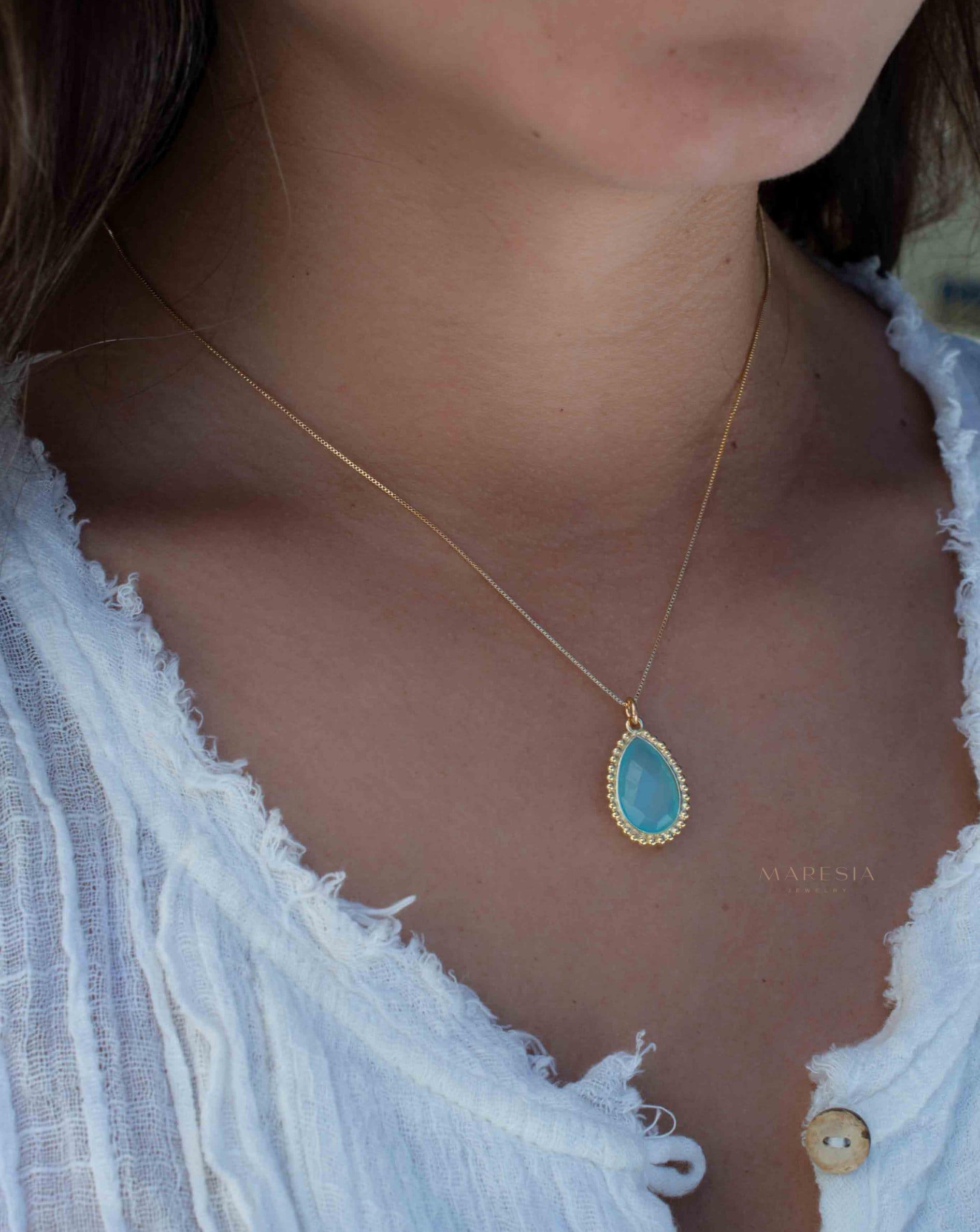 Labradorite, Pink Moonstone, Black Onyx, Aventurine & Aqua Chalcedony Necklace ~ Tear Drop ~ Gold Plated over Sterling Silver~MN149