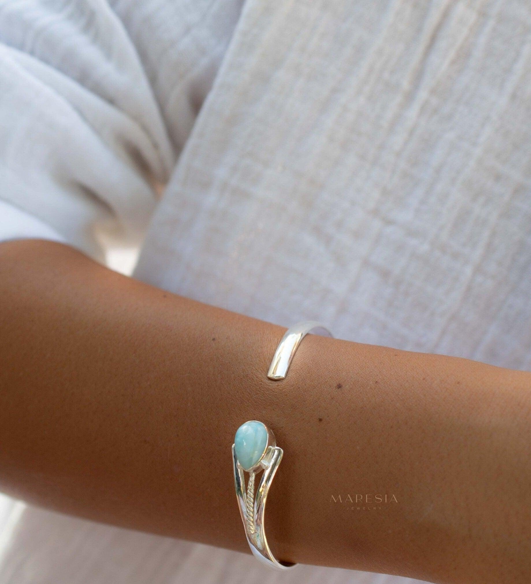 Larimar Adjustable Bracelet ~ Sterling Silver 925~Handmade~Statement~ Hippie ~Bohemian ~Jewelry ~Gift For Her ~Gemstone ~Body Jewelry MB058