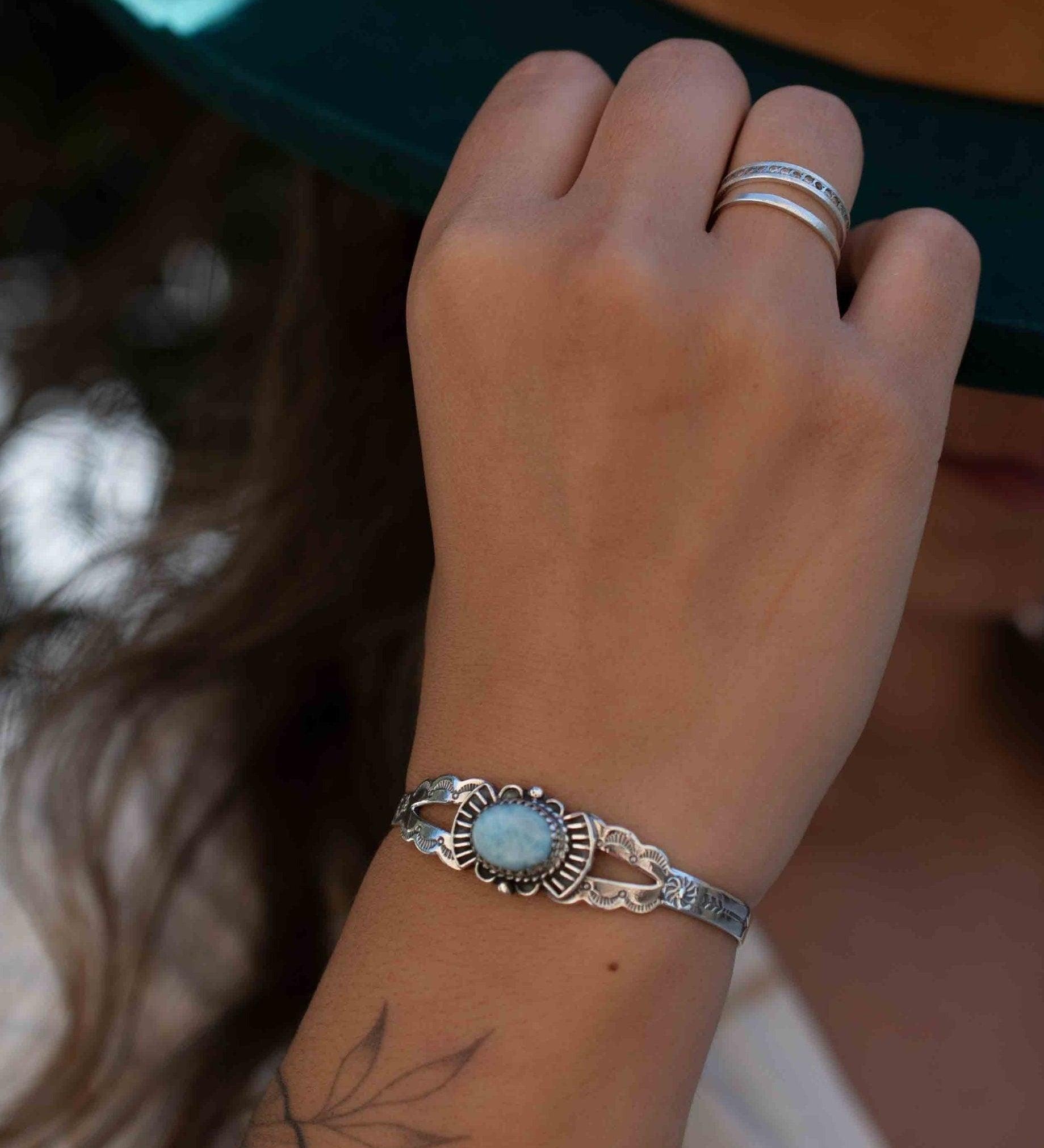 Larimar Adjustable Small wrist Bracelet ~ Sterling Silver 925~Handmade~Hippie ~Bohemian~Jewelry ~Gift For Her ~Gemstone ~Body~MB057