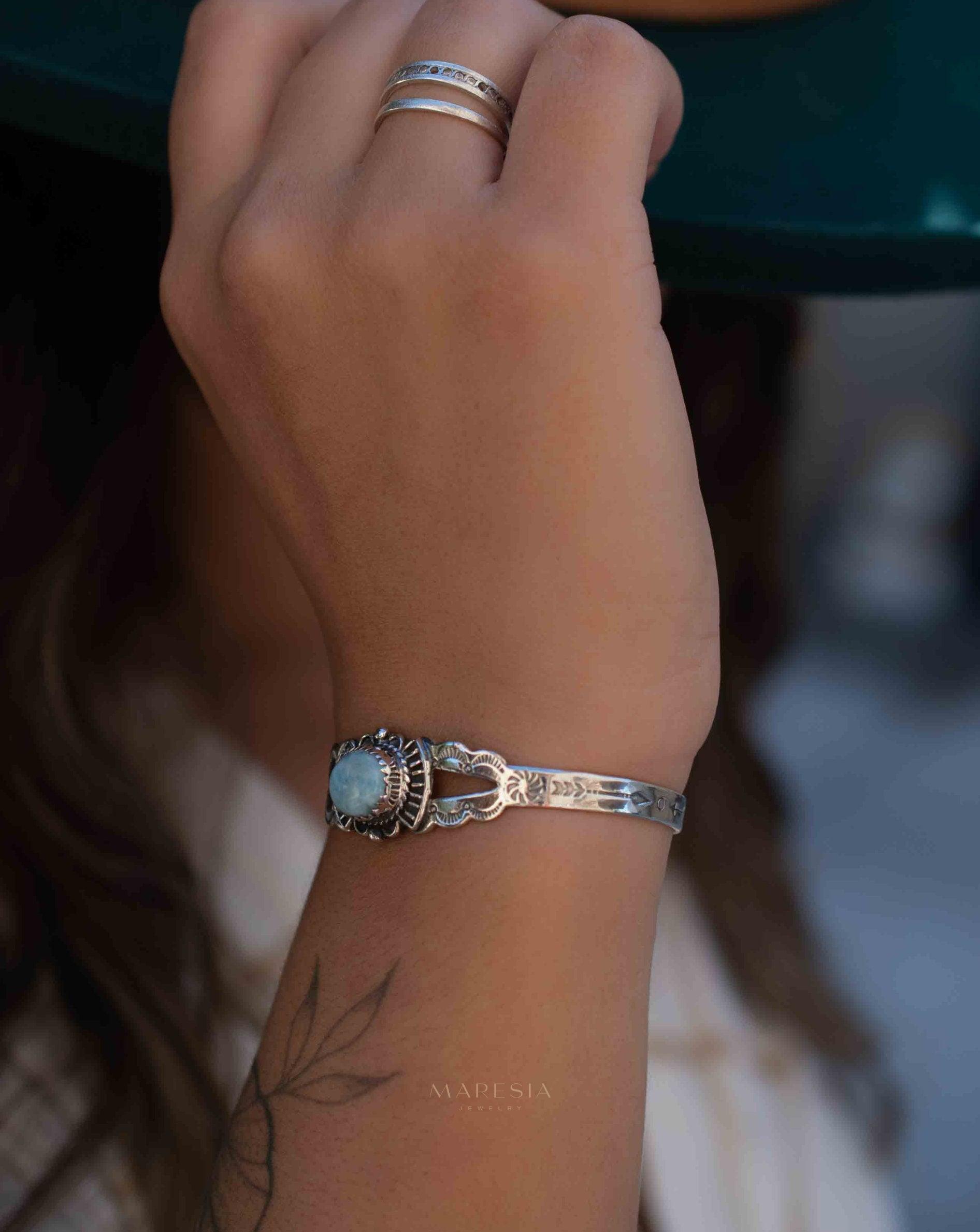 Larimar Adjustable Small wrist Bracelet ~ Sterling Silver 925~Handmade~Hippie ~Bohemian~Jewelry ~Gift For Her ~Gemstone ~Body~MB057