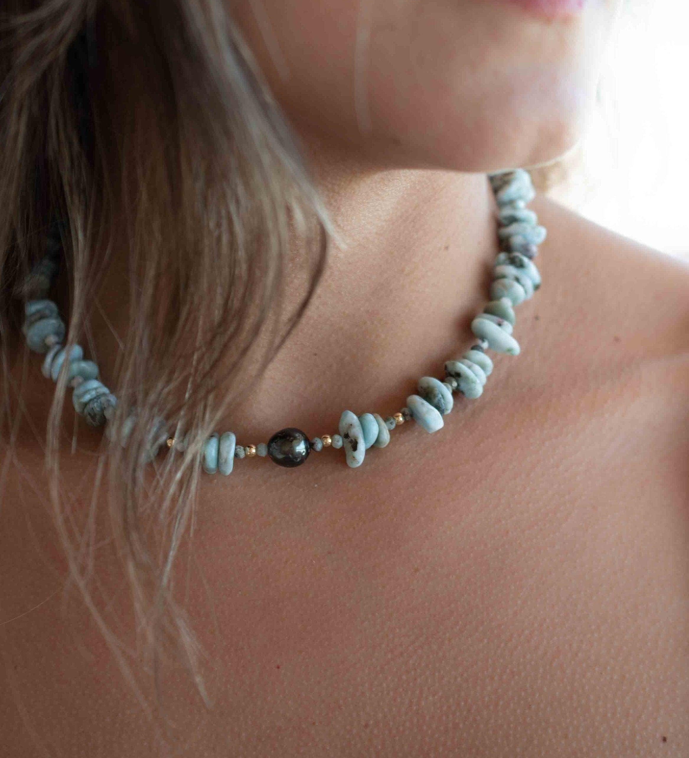 Larimar & Tahitian Pearl Choker ~ Sterling Silver 925 or Gold Filled~ Choker ~ Jewelry ~ Minimalist~ Handmade~  Delicate ~Layered MN0