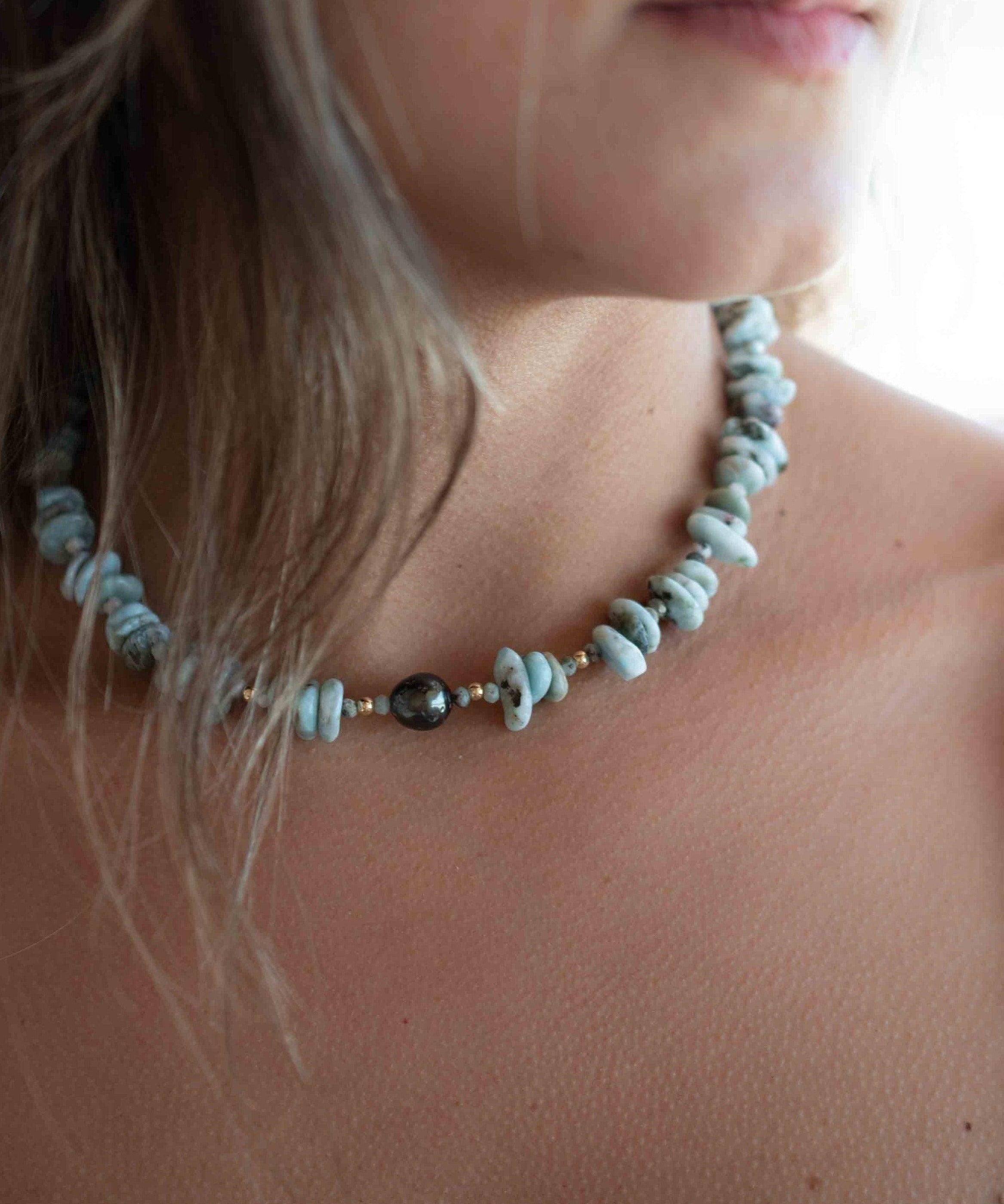 Larimar & Tahitian Pearl Choker ~ Sterling Silver 925 or Gold Filled~ Choker ~ Jewelry ~ Minimalist~ Handmade~  Delicate ~Layered MN0