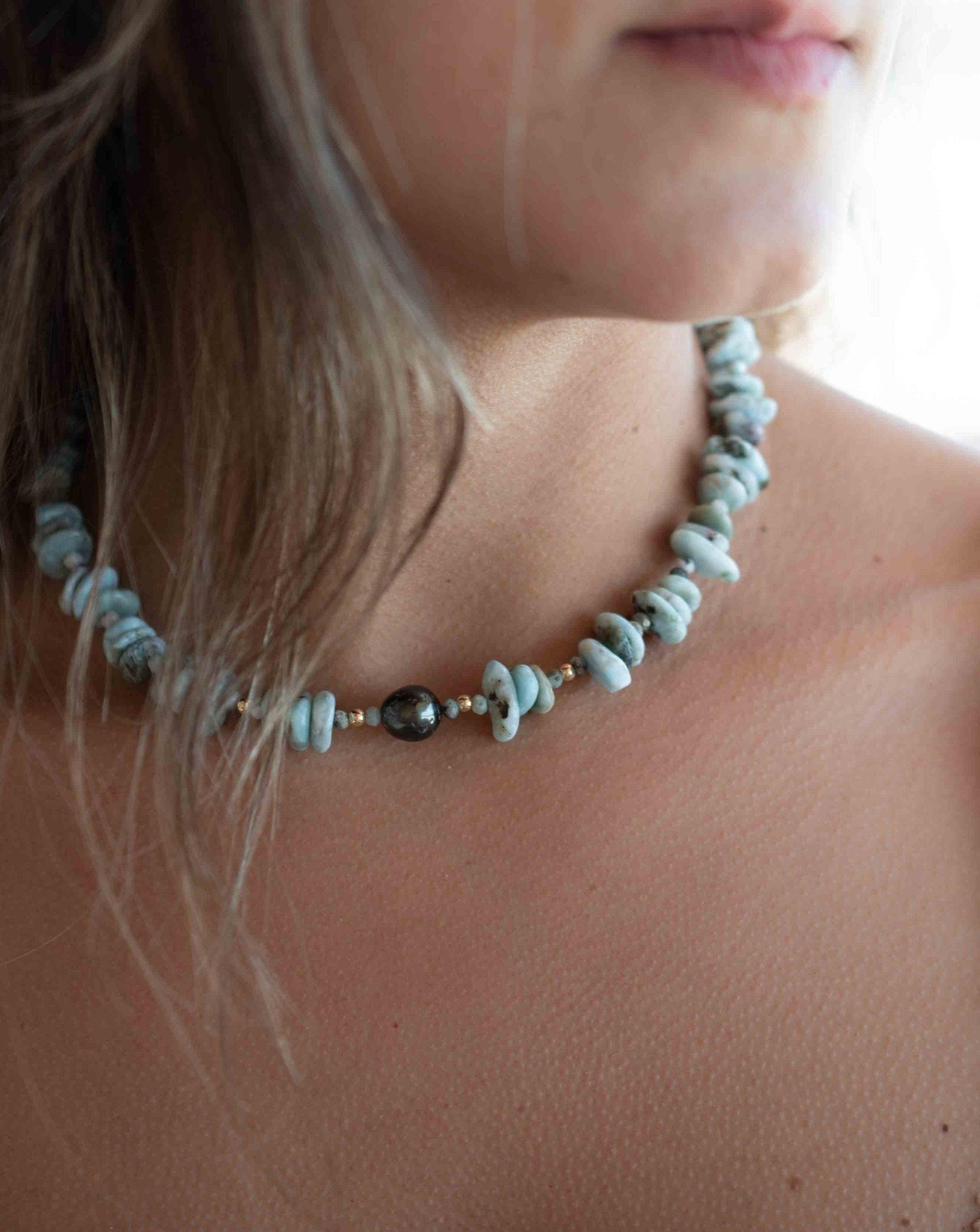 Larimar & Tahitian Pearl Choker ~ Sterling Silver 925 or Gold Filled~ Choker ~ Jewelry ~ Minimalist~ Handmade~  Delicate ~Layered MN0