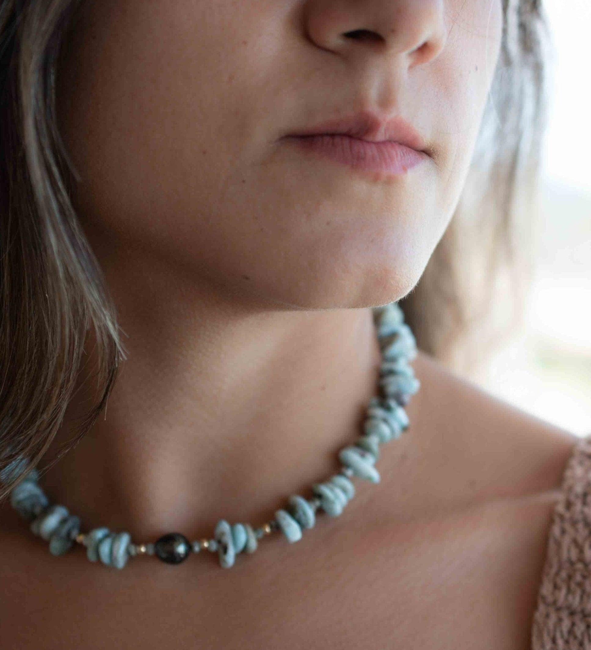 Larimar & Tahitian Pearl Choker ~ Sterling Silver 925 or Gold Filled~ Choker ~ Jewelry ~ Minimalist~ Handmade~  Delicate ~Layered MN0