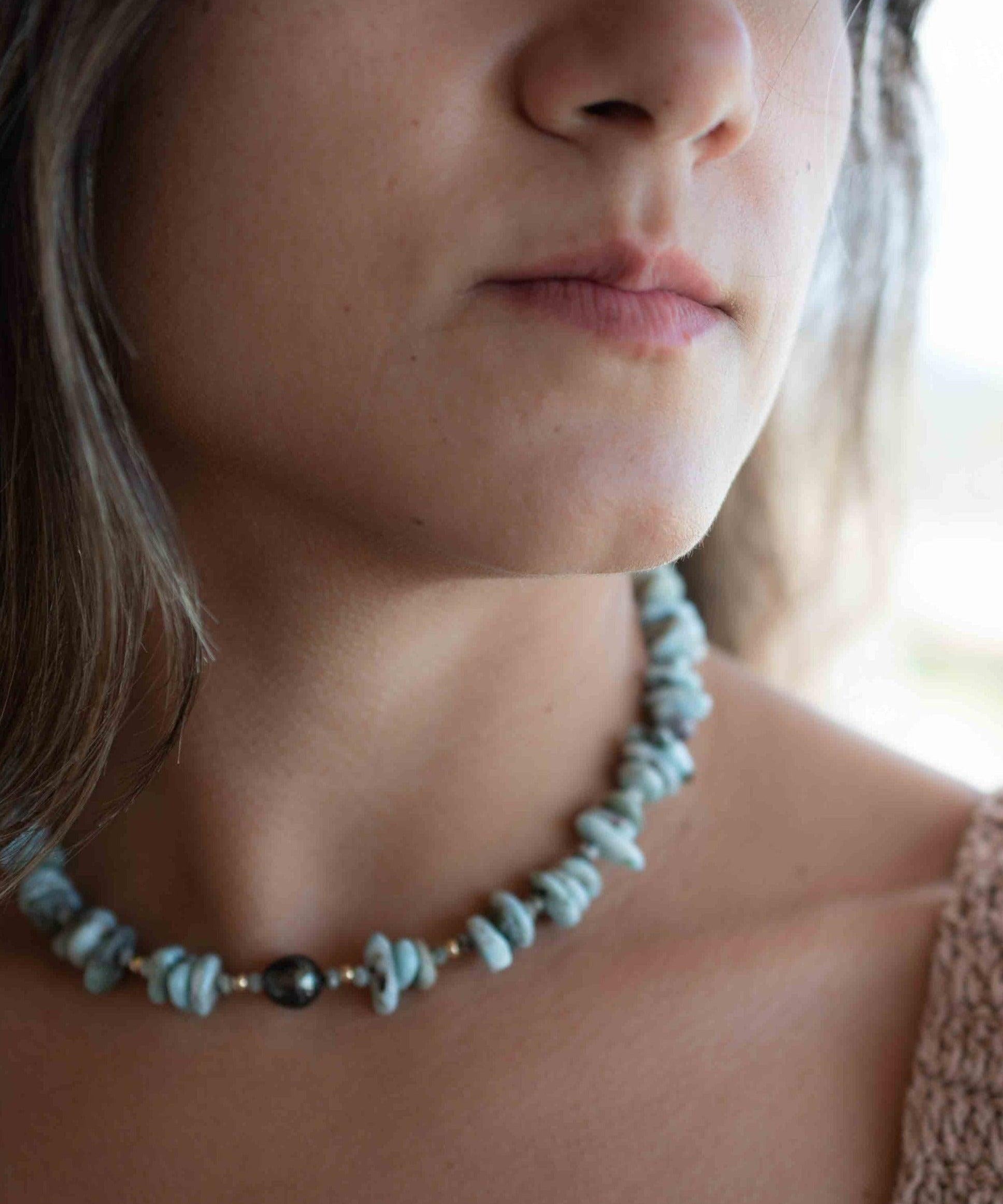 Larimar & Tahitian Pearl Choker ~ Sterling Silver 925 or Gold Filled~ Choker ~ Jewelry ~ Minimalist~ Handmade~  Delicate ~Layered MN0