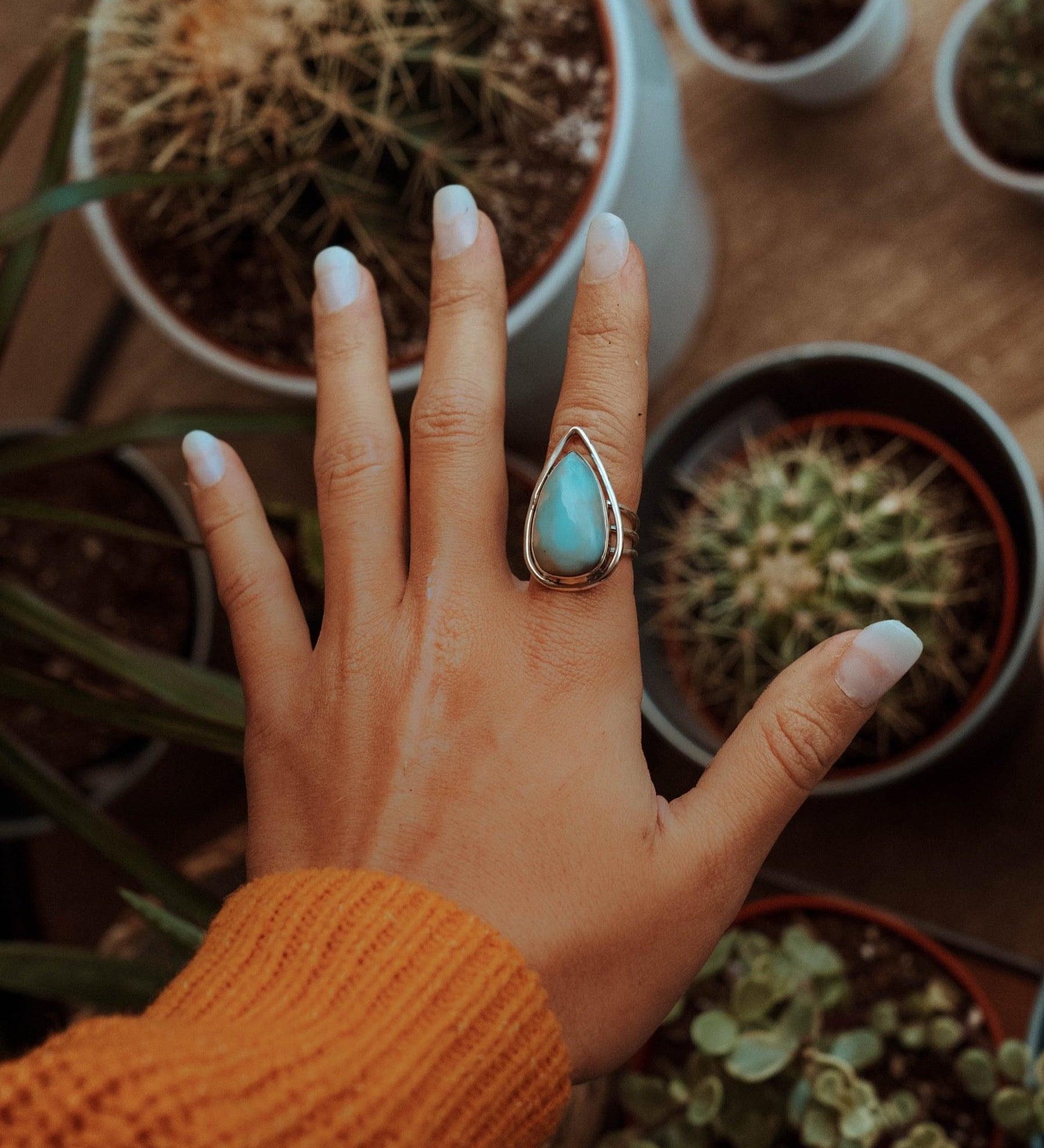 Larimar Ring ~ Statement ~ Gemstone ~ Semi Precious Stone ~ Blue ~ White ~ Natural ~ Organic ~ Sterling Silver 925~Tear Drop~Thin Band~MR265