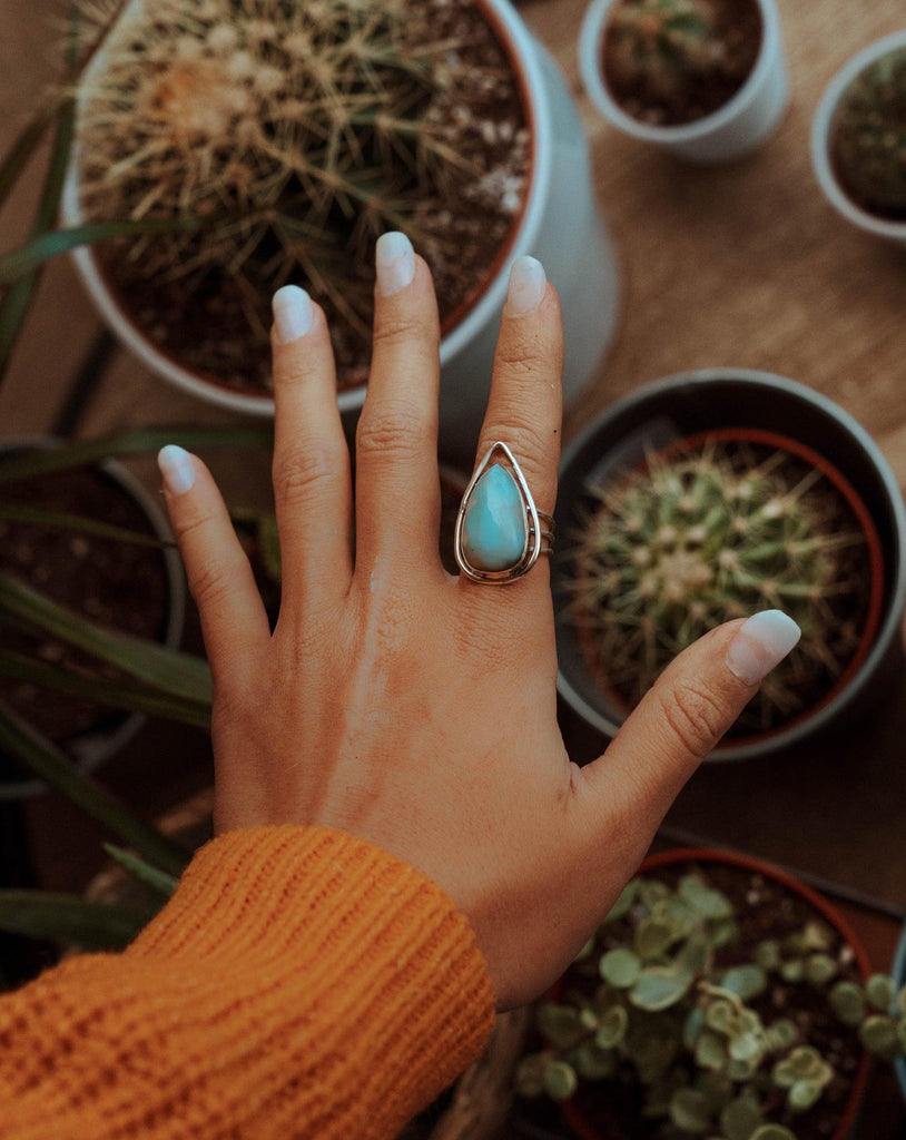 Larimar Ring ~ Statement ~ Gemstone ~ Semi Precious Stone ~ Blue ~ White ~ Natural ~ Organic ~ Sterling Silver 925~Tear Drop~Thin Band~MR265