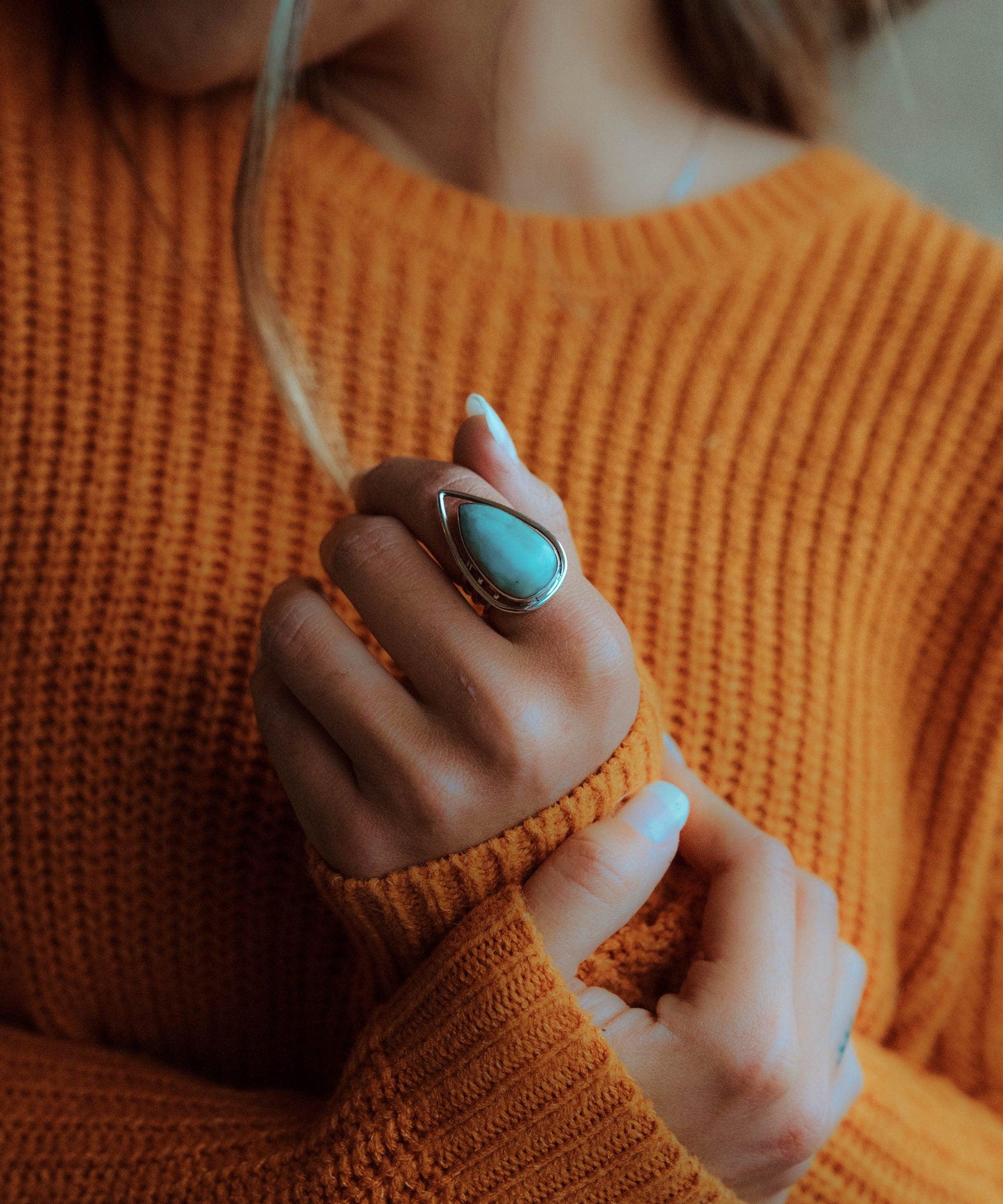 Larimar Ring ~ Statement ~ Gemstone ~ Semi Precious Stone ~ Blue ~ White ~ Natural ~ Organic ~ Sterling Silver 925~Tear Drop~Thin Band~MR265