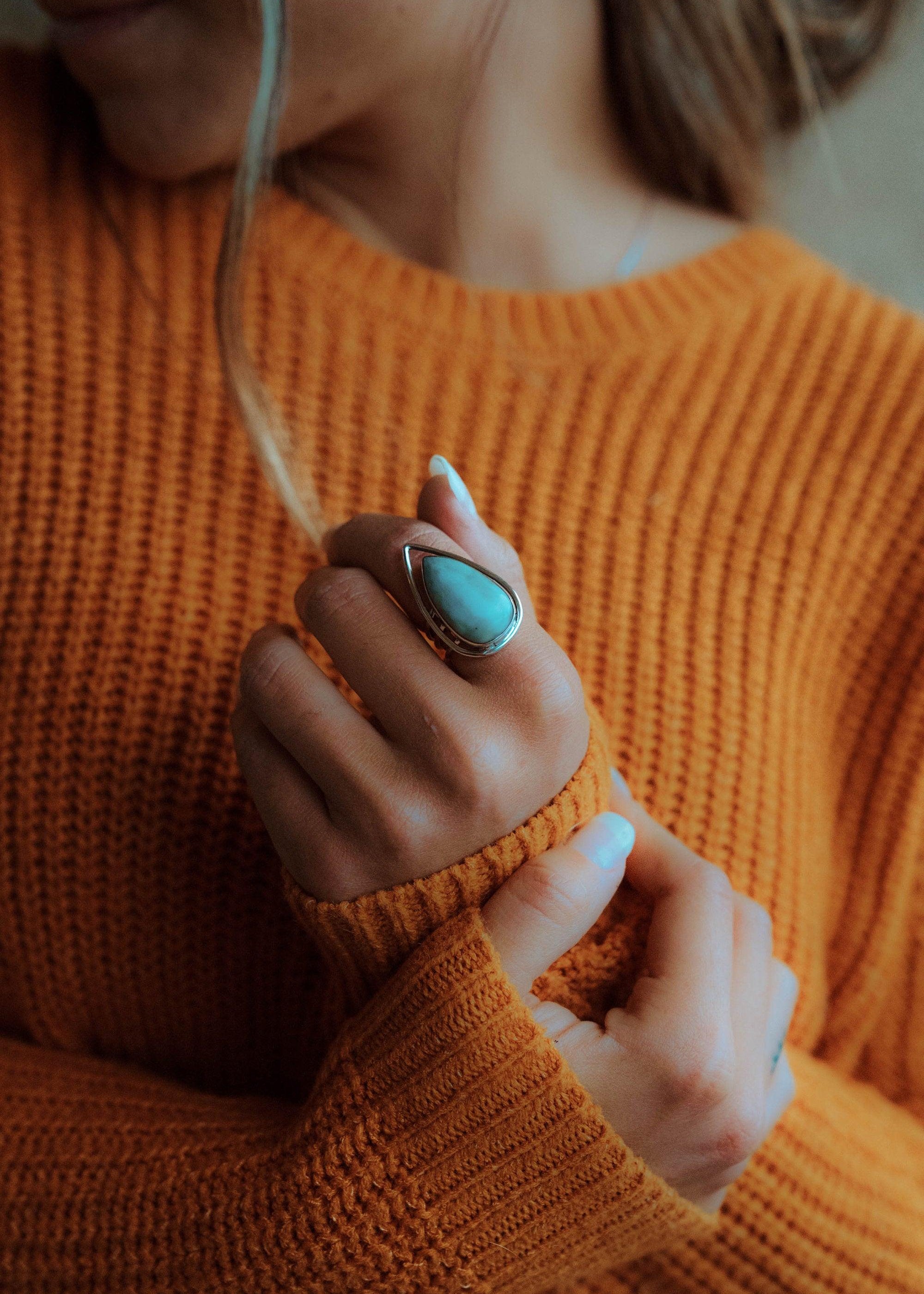 Larimar Ring ~ Statement ~ Gemstone ~ Semi Precious Stone ~ Blue ~ White ~ Natural ~ Organic ~ Sterling Silver 925~Tear Drop~Thin Band~MR265
