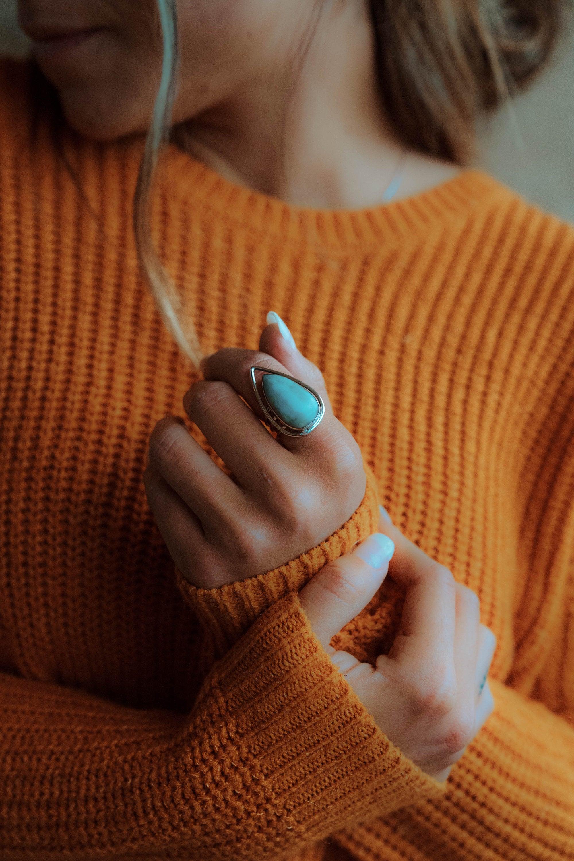 Larimar Ring ~ Statement ~ Gemstone ~ Semi Precious Stone ~ Blue ~ White ~ Natural ~ Organic ~ Sterling Silver 925~Tear Drop~Thin Band~MR265