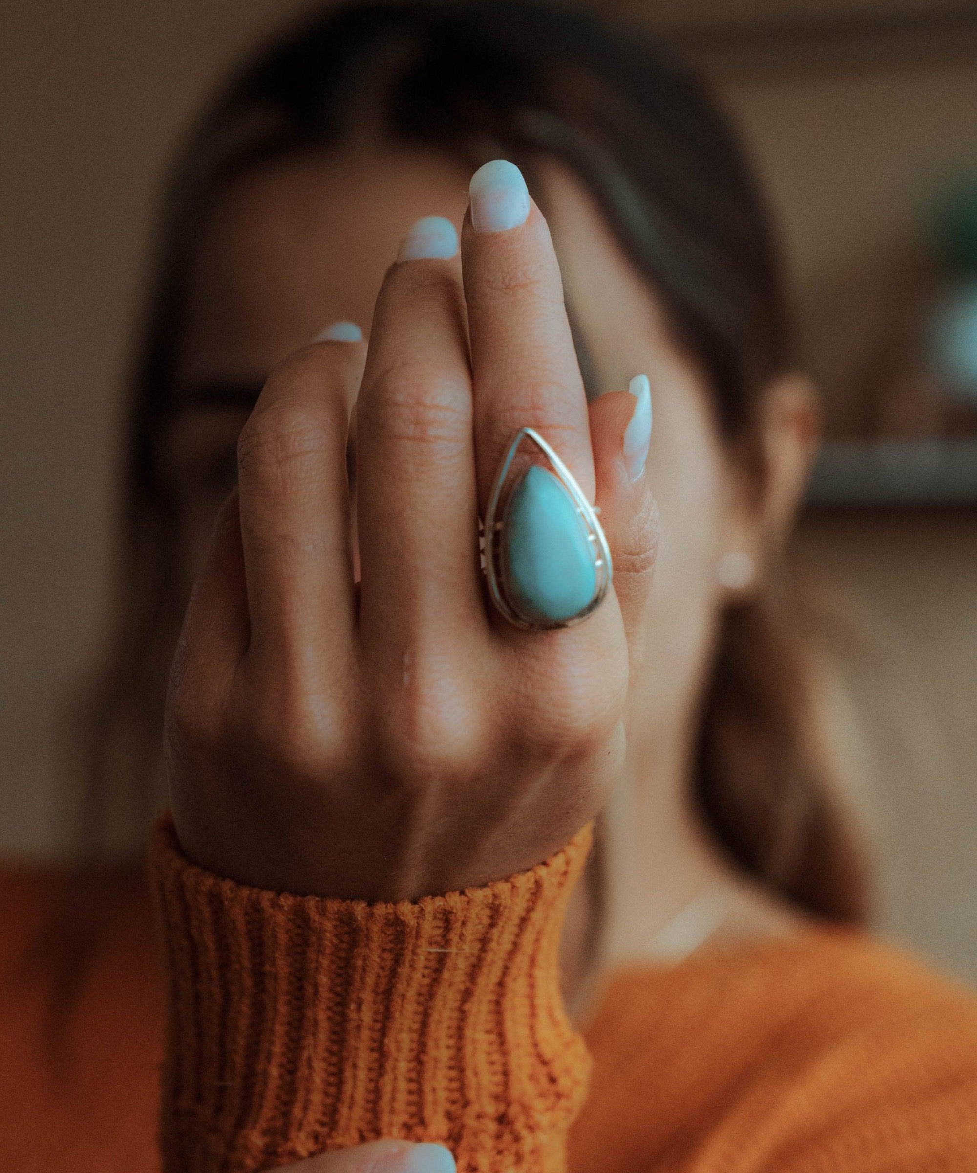 Larimar Ring ~ Statement ~ Gemstone ~ Semi Precious Stone ~ Blue ~ White ~ Natural ~ Organic ~ Sterling Silver 925~Tear Drop~Thin Band~MR265