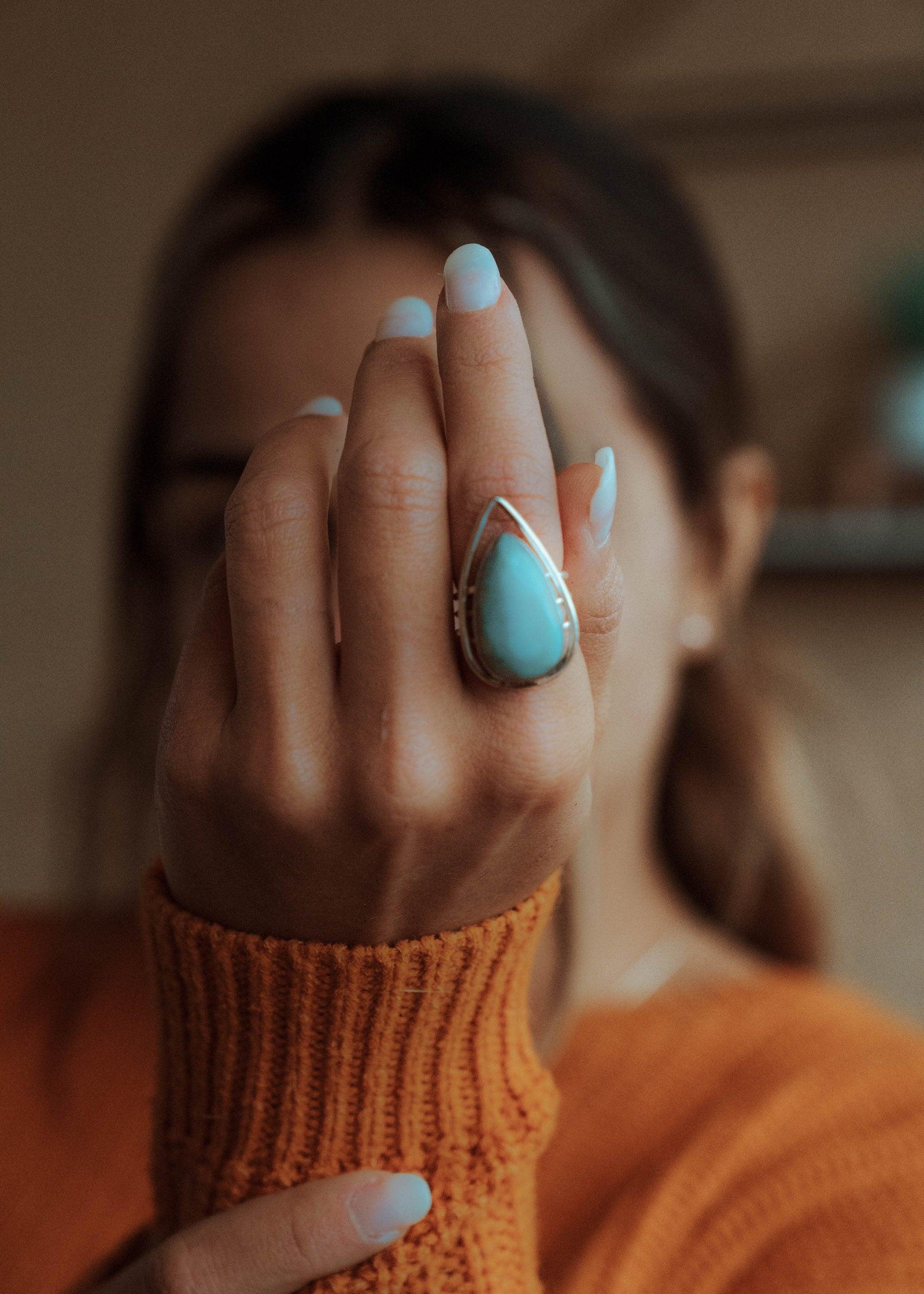 Larimar Ring ~ Statement ~ Gemstone ~ Semi Precious Stone ~ Blue ~ White ~ Natural ~ Organic ~ Sterling Silver 925~Tear Drop~Thin Band~MR265