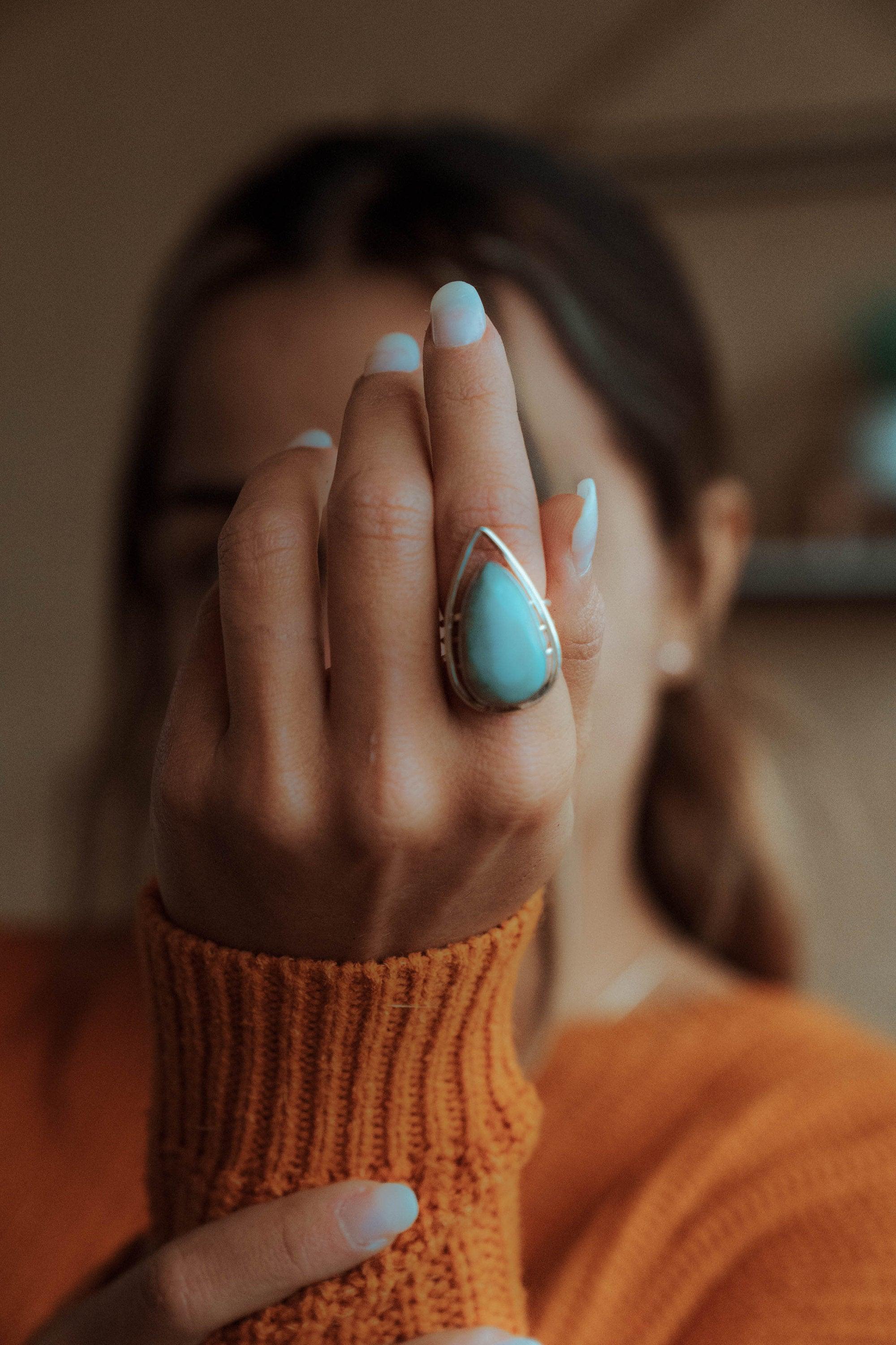 Larimar Ring ~ Statement ~ Gemstone ~ Semi Precious Stone ~ Blue ~ White ~ Natural ~ Organic ~ Sterling Silver 925~Tear Drop~Thin Band~MR265