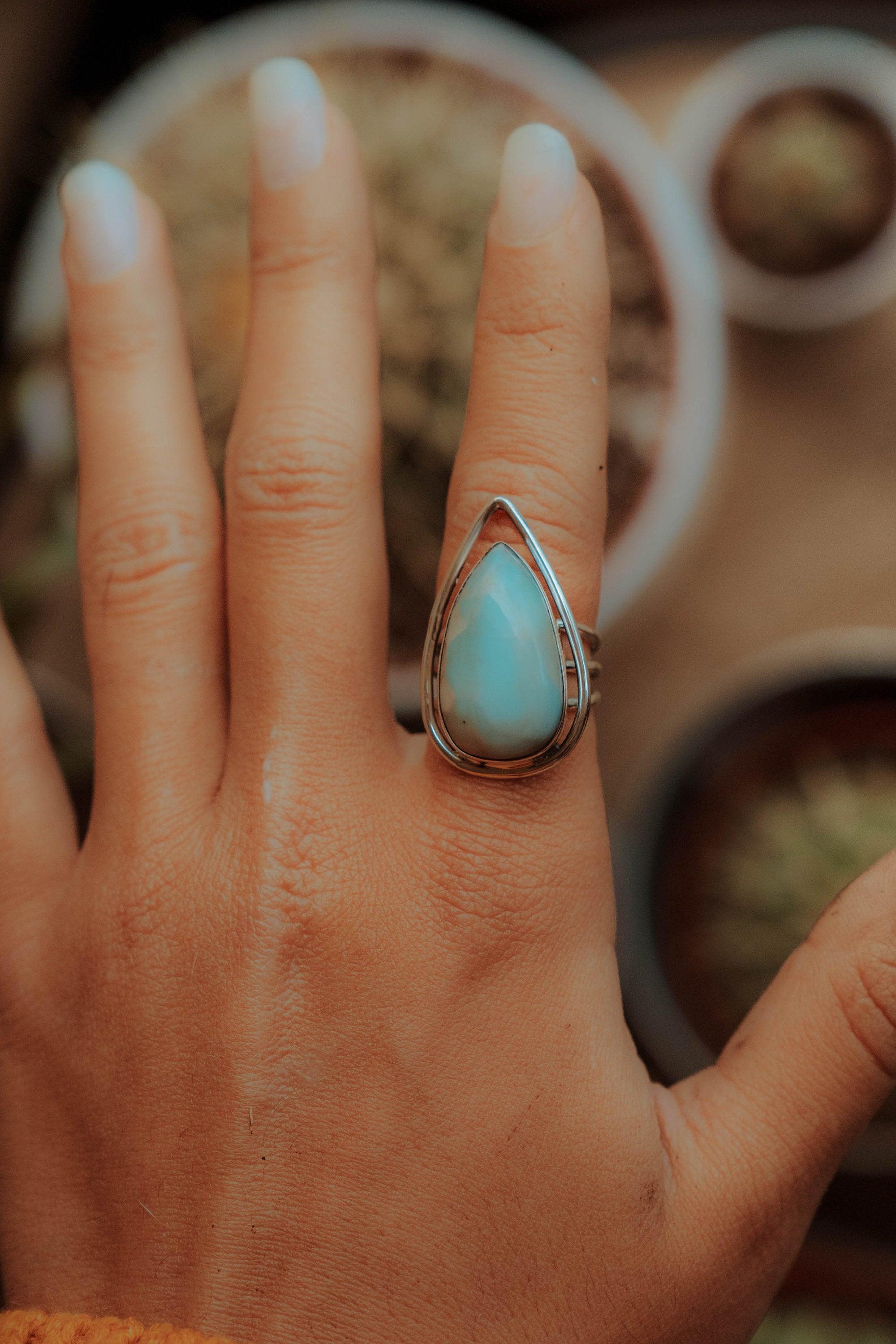 Larimar Ring ~ Statement ~ Gemstone ~ Semi Precious Stone ~ Blue ~ White ~ Natural ~ Organic ~ Sterling Silver 925~Tear Drop~Thin Band~MR265