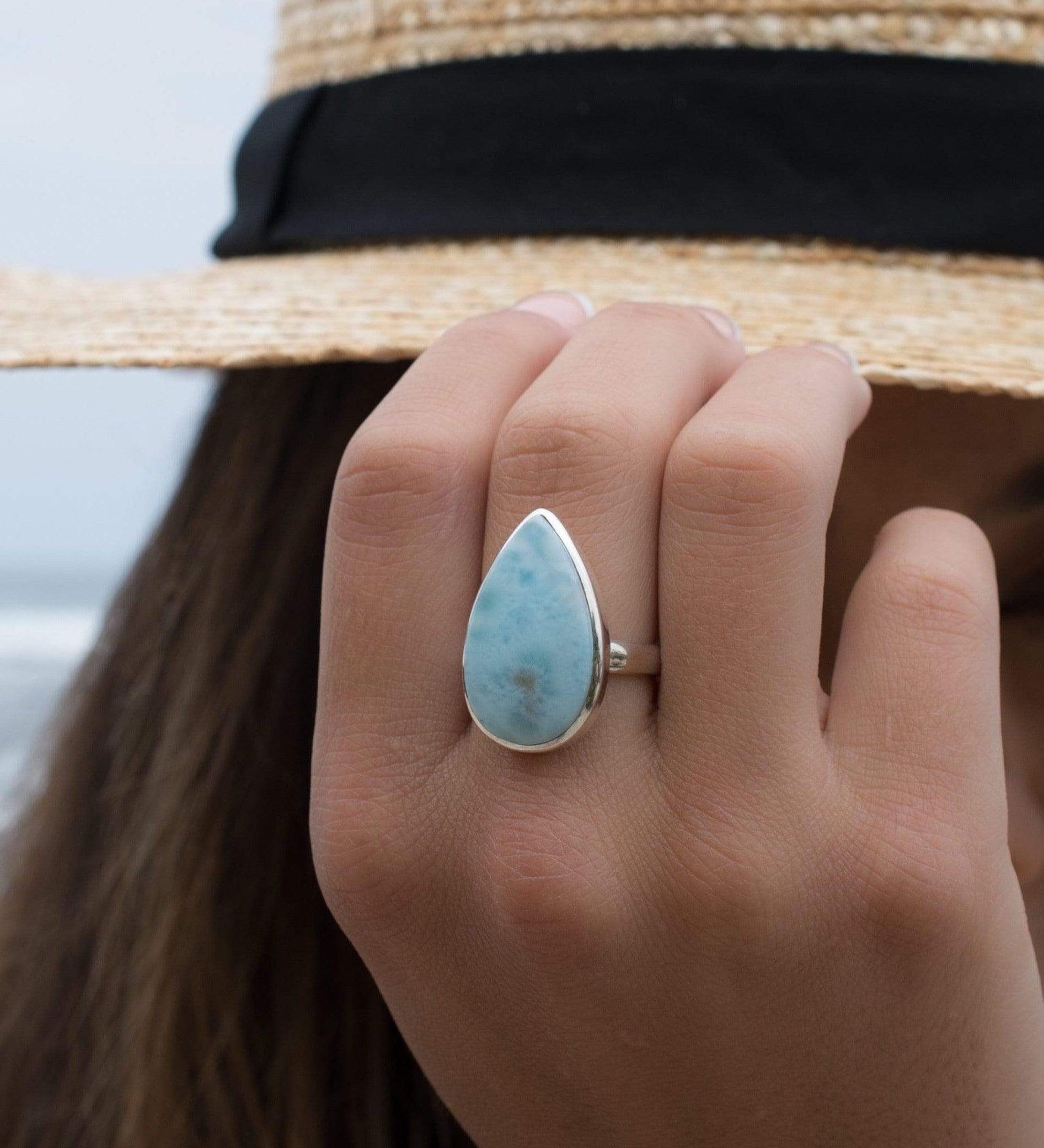 Larimar Ring ~ Statement ~ Gemstone ~ Semi Precious Stone ~ Blue ~ White ~ Natural ~ Organic ~ Sterling Silver 925~Tear Drop~Thin Band~MR278