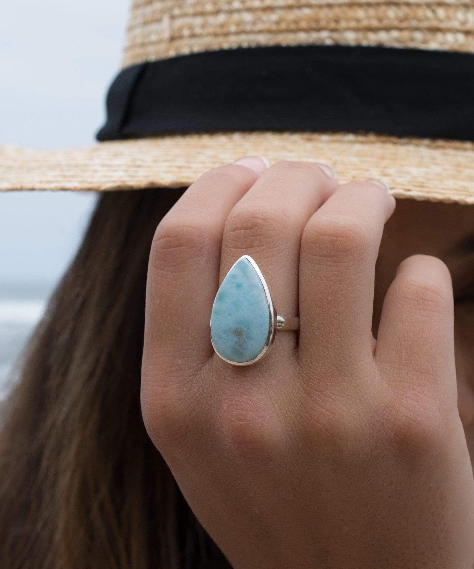 Larimar Ring ~ Statement ~ Gemstone ~ Semi Precious Stone ~ Blue ~ White ~ Natural ~ Organic ~ Sterling Silver 925~Tear Drop~Thin Band~MR278