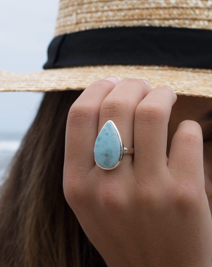 Larimar Ring ~ Statement ~ Gemstone ~ Semi Precious Stone ~ Blue ~ White ~ Natural ~ Organic ~ Sterling Silver 925~Tear Drop~Thin Band~MR278