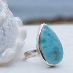 Larimar Ring ~ Statement ~ Gemstone ~ Semi Precious Stone ~ Blue ~ White ~ Natural ~ Organic ~ Sterling Silver 925~Tear Drop~Thin Band~MR278