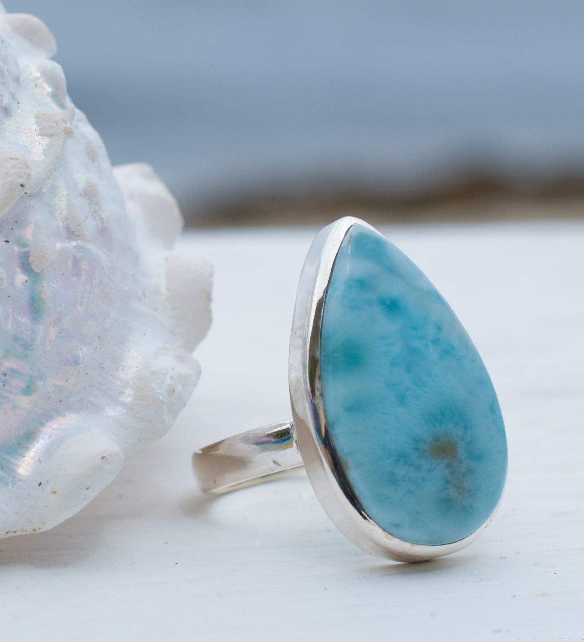 Larimar Ring ~ Statement ~ Gemstone ~ Semi Precious Stone ~ Blue ~ White ~ Natural ~ Organic ~ Sterling Silver 925~Tear Drop~Thin Band~MR278