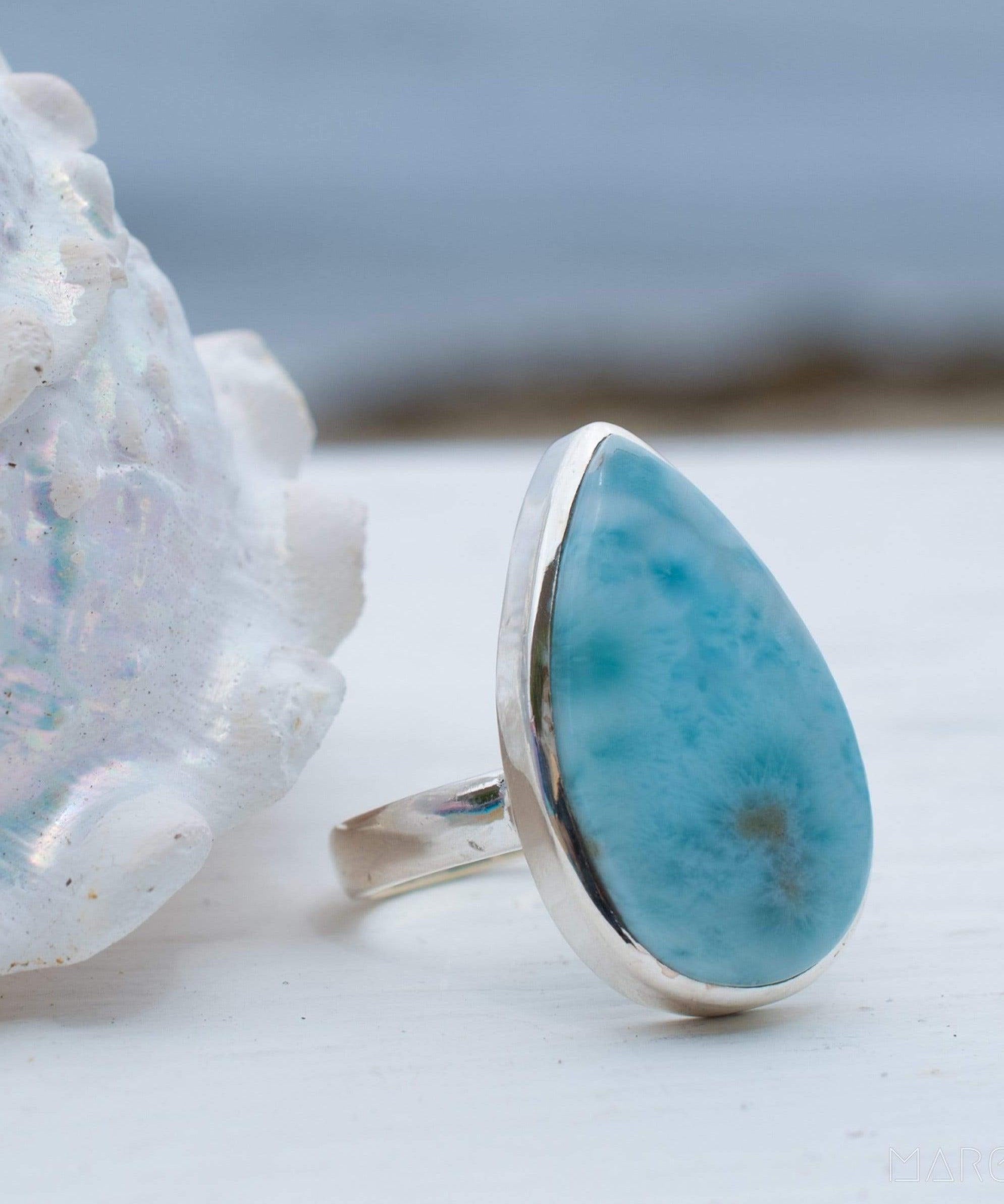 Larimar Ring ~ Statement ~ Gemstone ~ Semi Precious Stone ~ Blue ~ White ~ Natural ~ Organic ~ Sterling Silver 925~Tear Drop~Thin Band~MR278