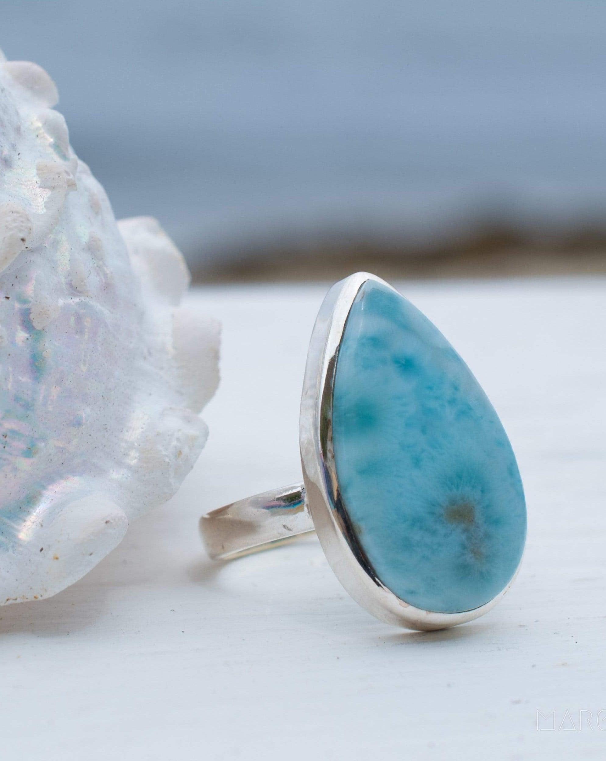 Larimar Ring ~ Statement ~ Gemstone ~ Semi Precious Stone ~ Blue ~ White ~ Natural ~ Organic ~ Sterling Silver 925~Tear Drop~Thin Band~MR278