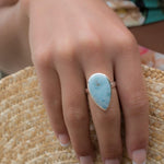 Larimar Ring ~ Statement ~ Gemstone ~ Semi Precious Stone ~ Blue ~ White ~ Natural ~ Organic ~ Sterling Silver 925~Tear Drop~Thin Band~MR278