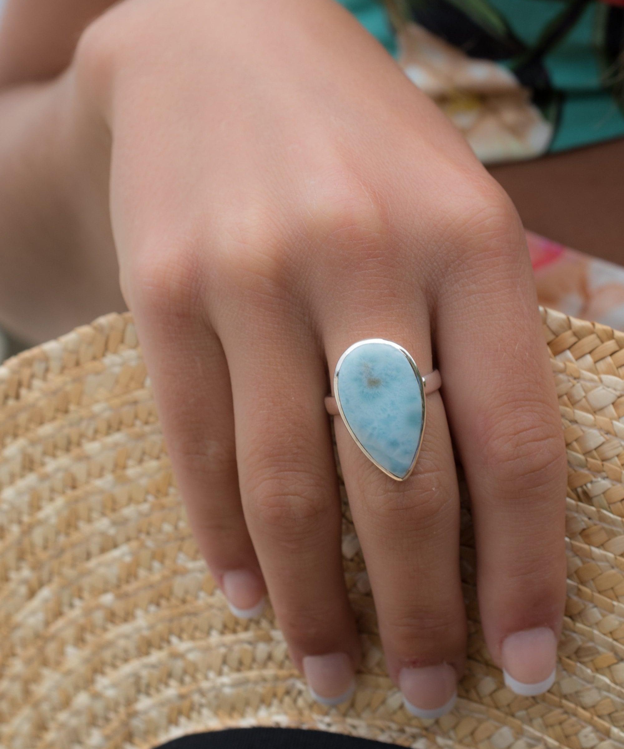 Larimar Ring ~ Statement ~ Gemstone ~ Semi Precious Stone ~ Blue ~ White ~ Natural ~ Organic ~ Sterling Silver 925~Tear Drop~Thin Band~MR278