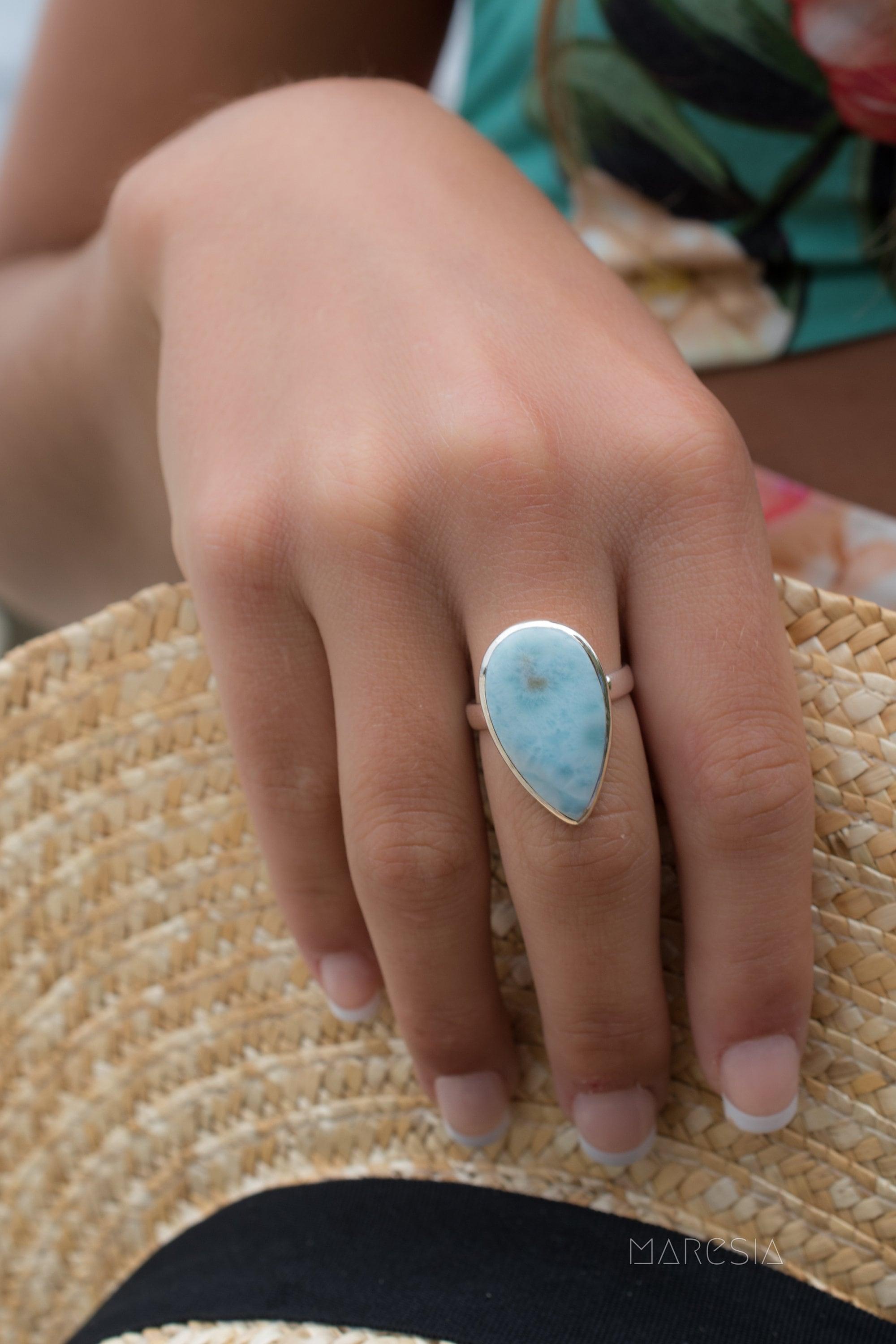 Larimar Ring ~ Statement ~ Gemstone ~ Semi Precious Stone ~ Blue ~ White ~ Natural ~ Organic ~ Sterling Silver 925~Tear Drop~Thin Band~MR278