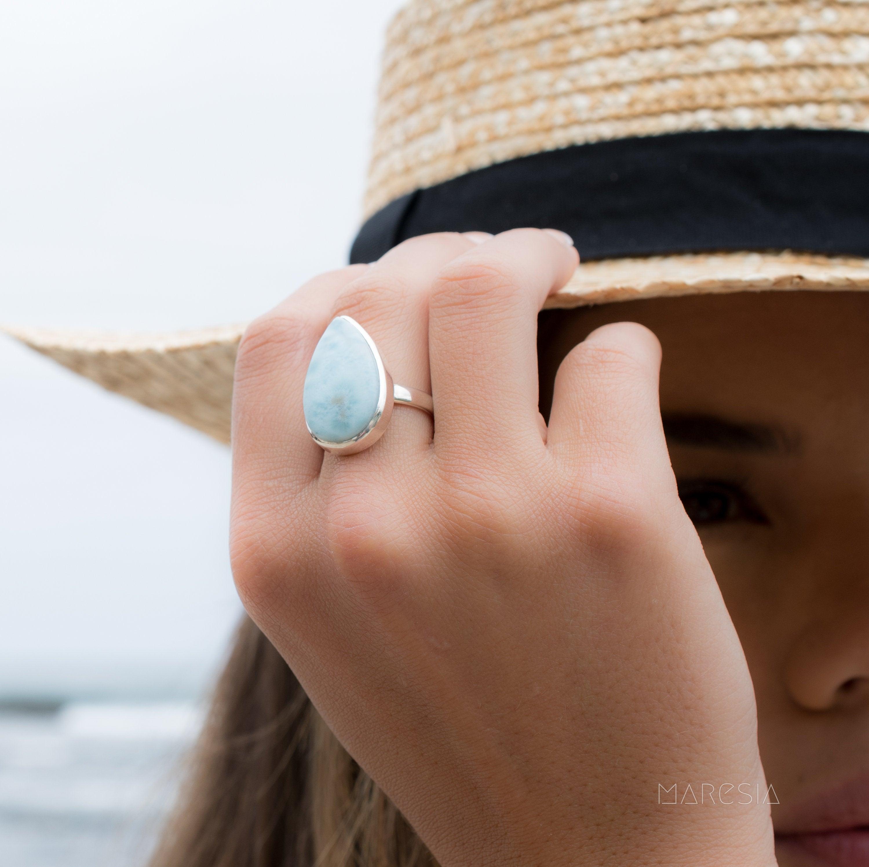 Larimar Ring ~ Statement ~ Gemstone ~ Semi Precious Stone ~ Blue ~ White ~ Natural ~ Organic ~ Sterling Silver 925~Tear Drop~Thin Band~MR278
