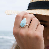 Larimar Ring ~ Statement ~ Gemstone ~ Semi Precious Stone ~ Blue ~ White ~ Natural ~ Organic ~ Sterling Silver 925~Tear Drop~Thin Band~MR278