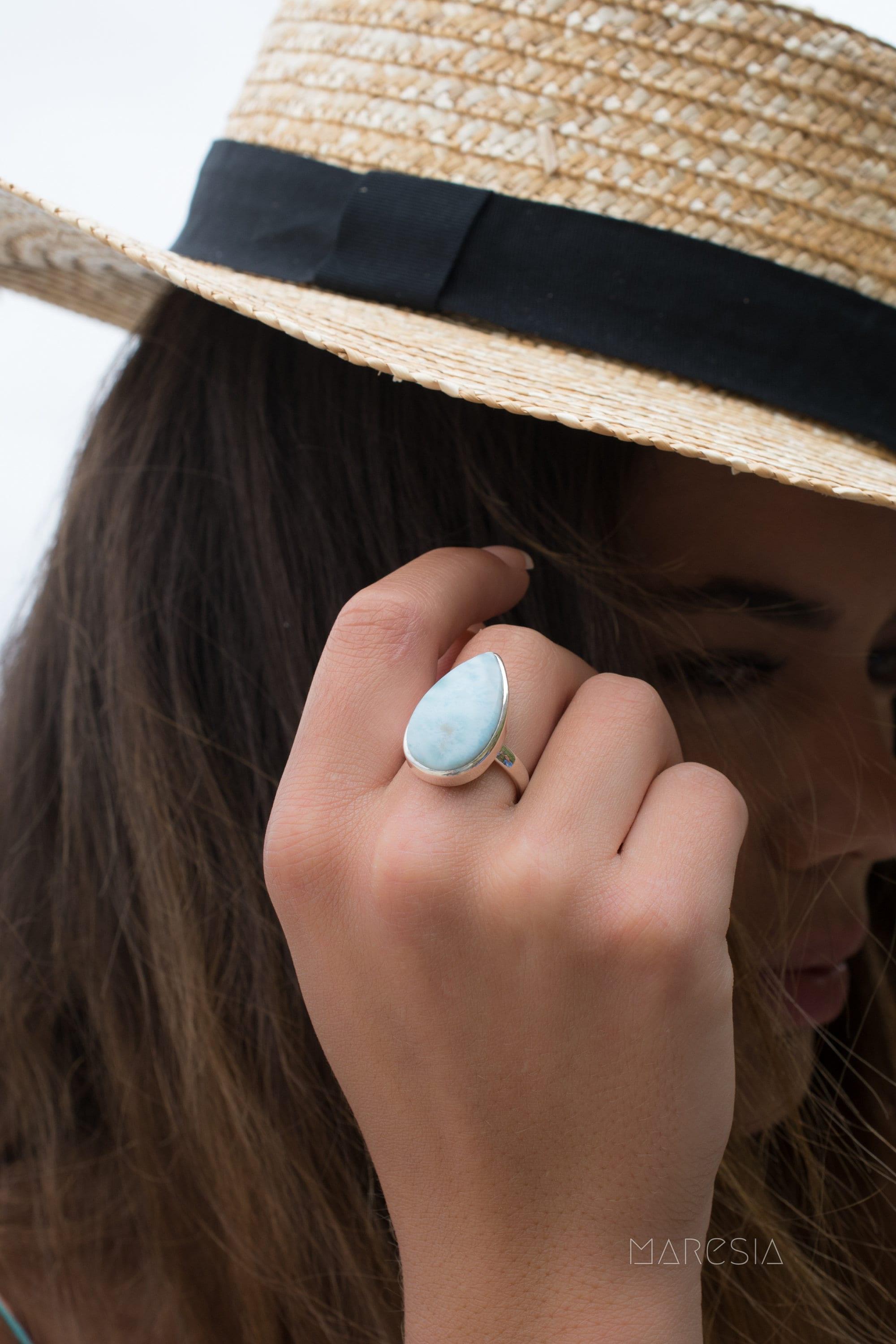 Larimar Ring ~ Statement ~ Gemstone ~ Semi Precious Stone ~ Blue ~ White ~ Natural ~ Organic ~ Sterling Silver 925~Tear Drop~Thin Band~MR278