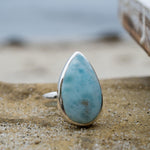 Larimar Ring ~ Statement ~ Gemstone ~ Semi Precious Stone ~ Blue ~ White ~ Natural ~ Organic ~ Sterling Silver 925~Tear Drop~Thin Band~MR278