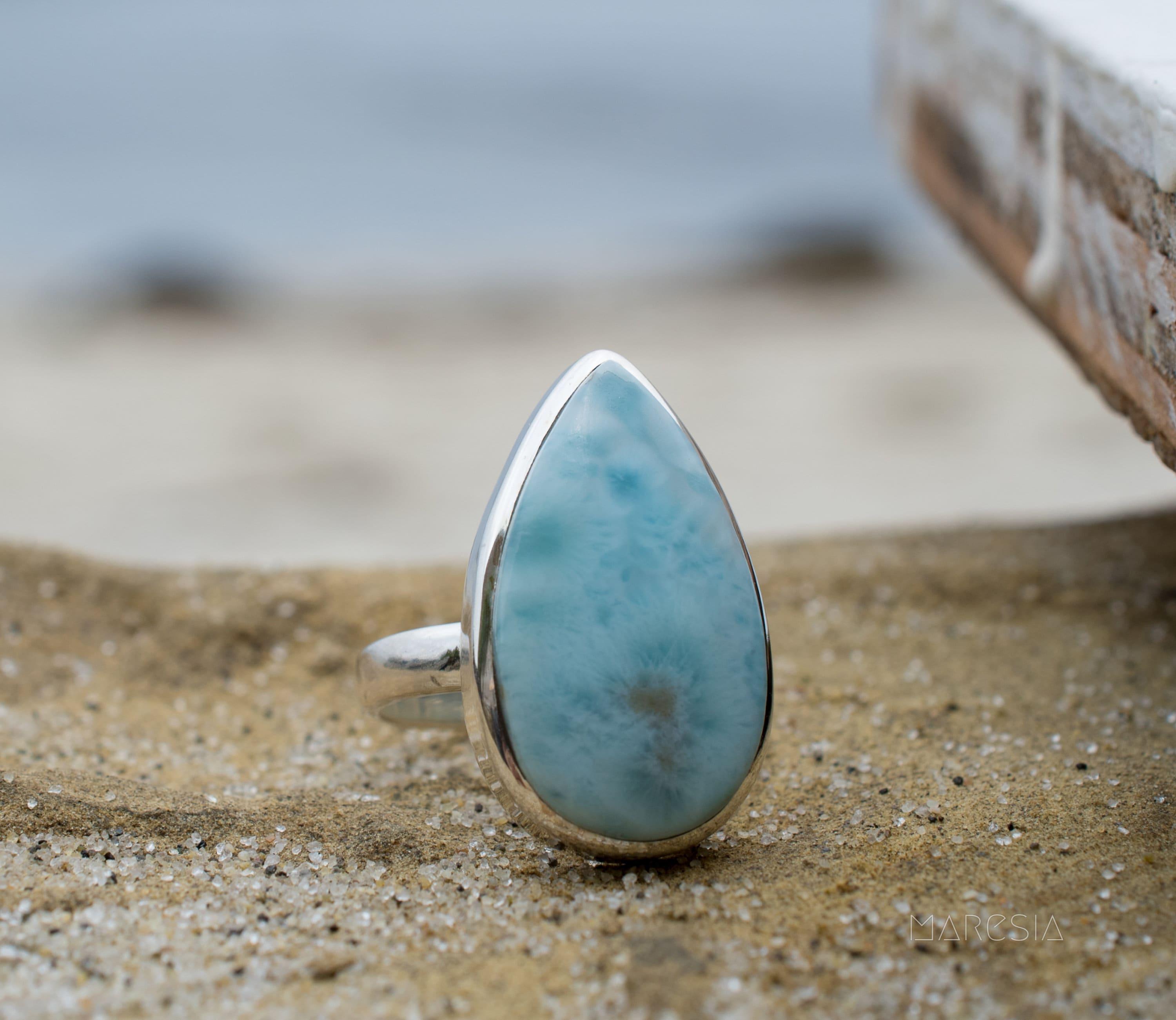 Larimar Ring ~ Statement ~ Gemstone ~ Semi Precious Stone ~ Blue ~ White ~ Natural ~ Organic ~ Sterling Silver 925~Tear Drop~Thin Band~MR278