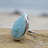 Larimar Ring ~ Statement ~ Gemstone ~ Semi Precious Stone ~ Blue ~ White ~ Natural ~ Organic ~ Sterling Silver 925~Tear Drop~Thin Band~MR278