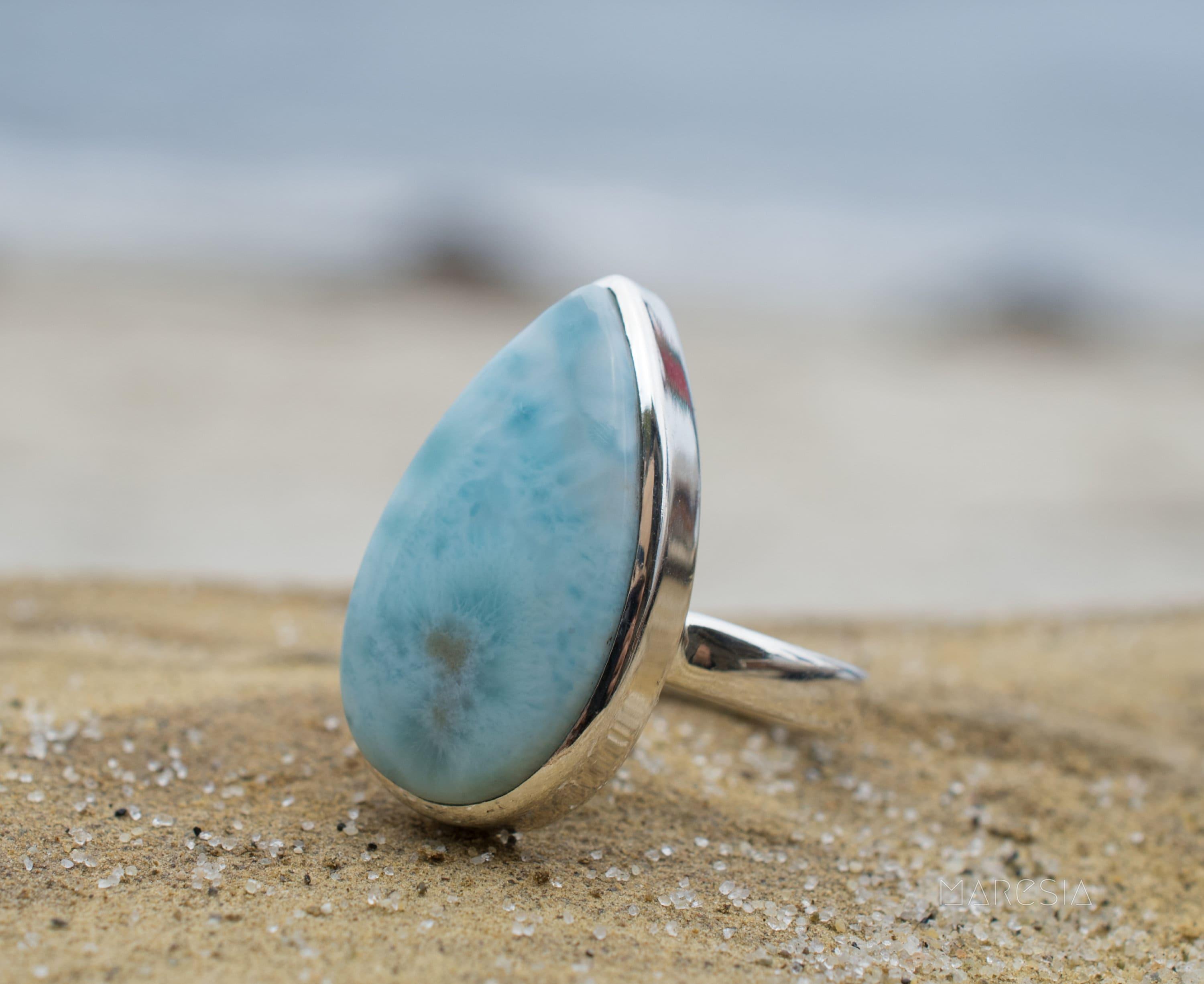 Larimar Ring ~ Statement ~ Gemstone ~ Semi Precious Stone ~ Blue ~ White ~ Natural ~ Organic ~ Sterling Silver 925~Tear Drop~Thin Band~MR278