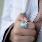 Larimar Ring ~ Statement ~ Gemstone ~ Semi Precious Stone ~ Blue ~ White ~ Natural~Organic~Sterling Silver 925~Rectangular ~Thin Band~ MR293