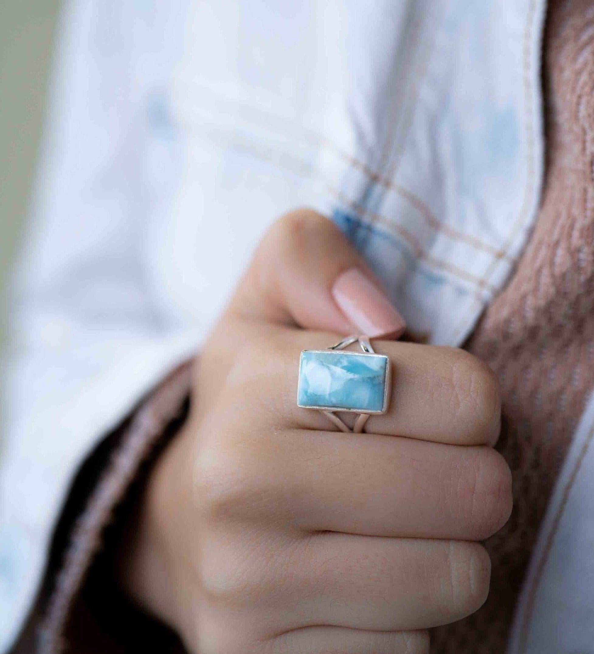 Larimar Ring ~ Statement ~ Gemstone ~ Semi Precious Stone ~ Blue ~ White ~ Natural~Organic~Sterling Silver 925~Rectangular ~Thin Band~ MR293