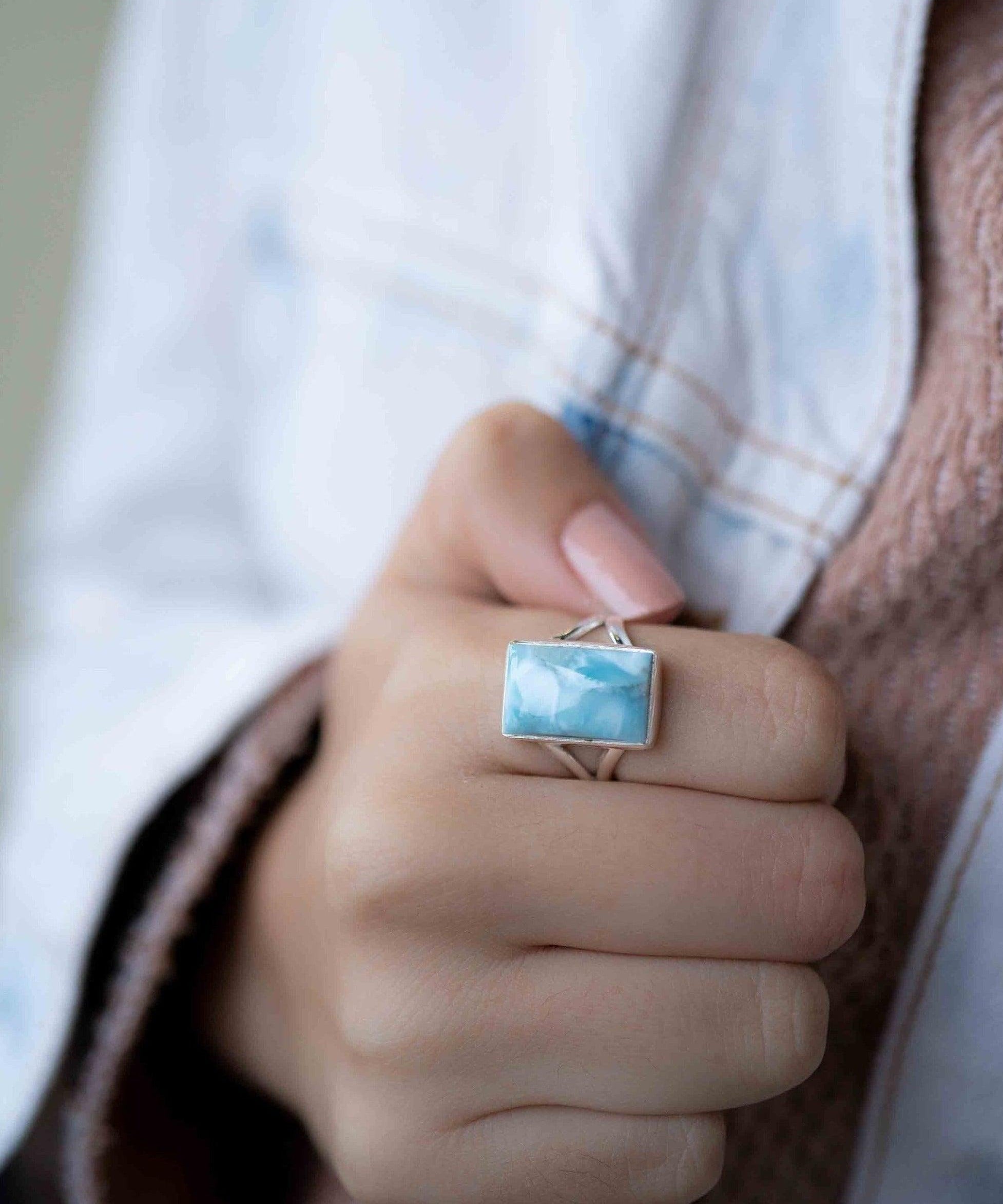 Larimar Ring ~ Statement ~ Gemstone ~ Semi Precious Stone ~ Blue ~ White ~ Natural~Organic~Sterling Silver 925~Rectangular ~Thin Band~ MR293