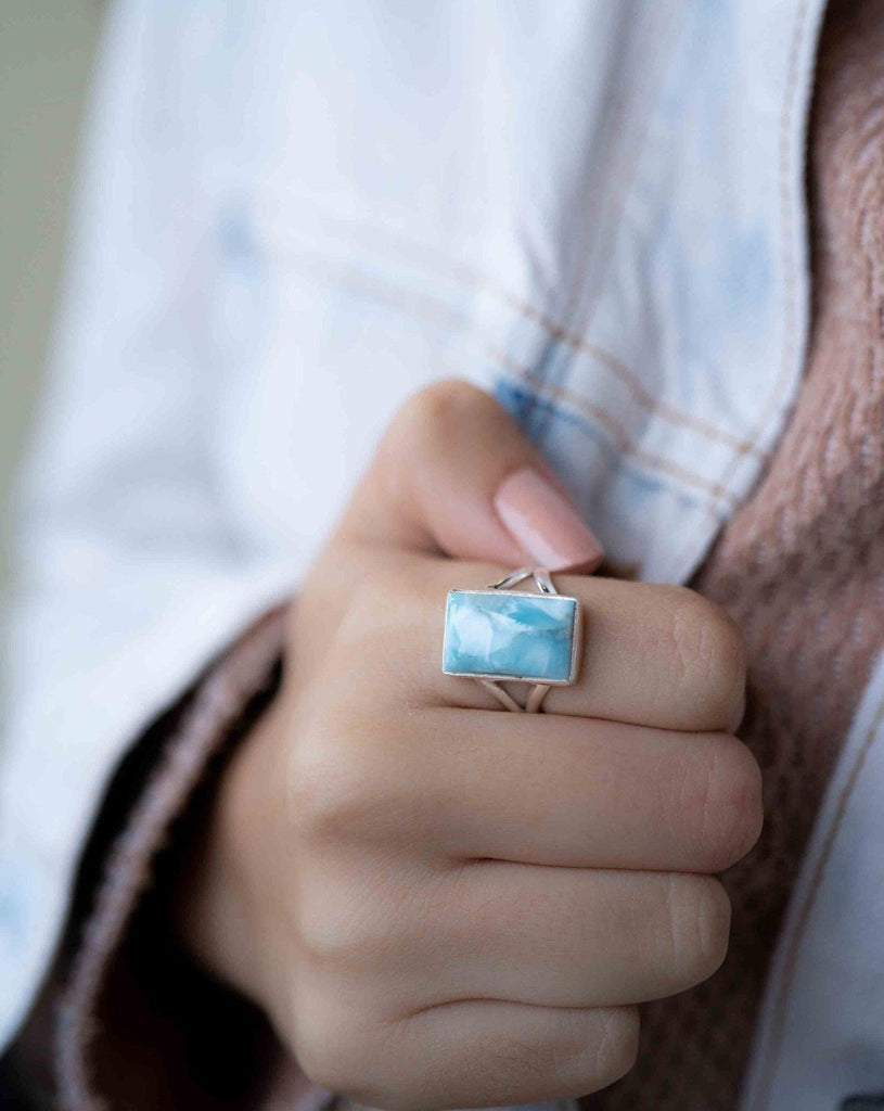 Larimar Ring ~ Statement ~ Gemstone ~ Semi Precious Stone ~ Blue ~ White ~ Natural~Organic~Sterling Silver 925~Rectangular ~Thin Band~ MR293