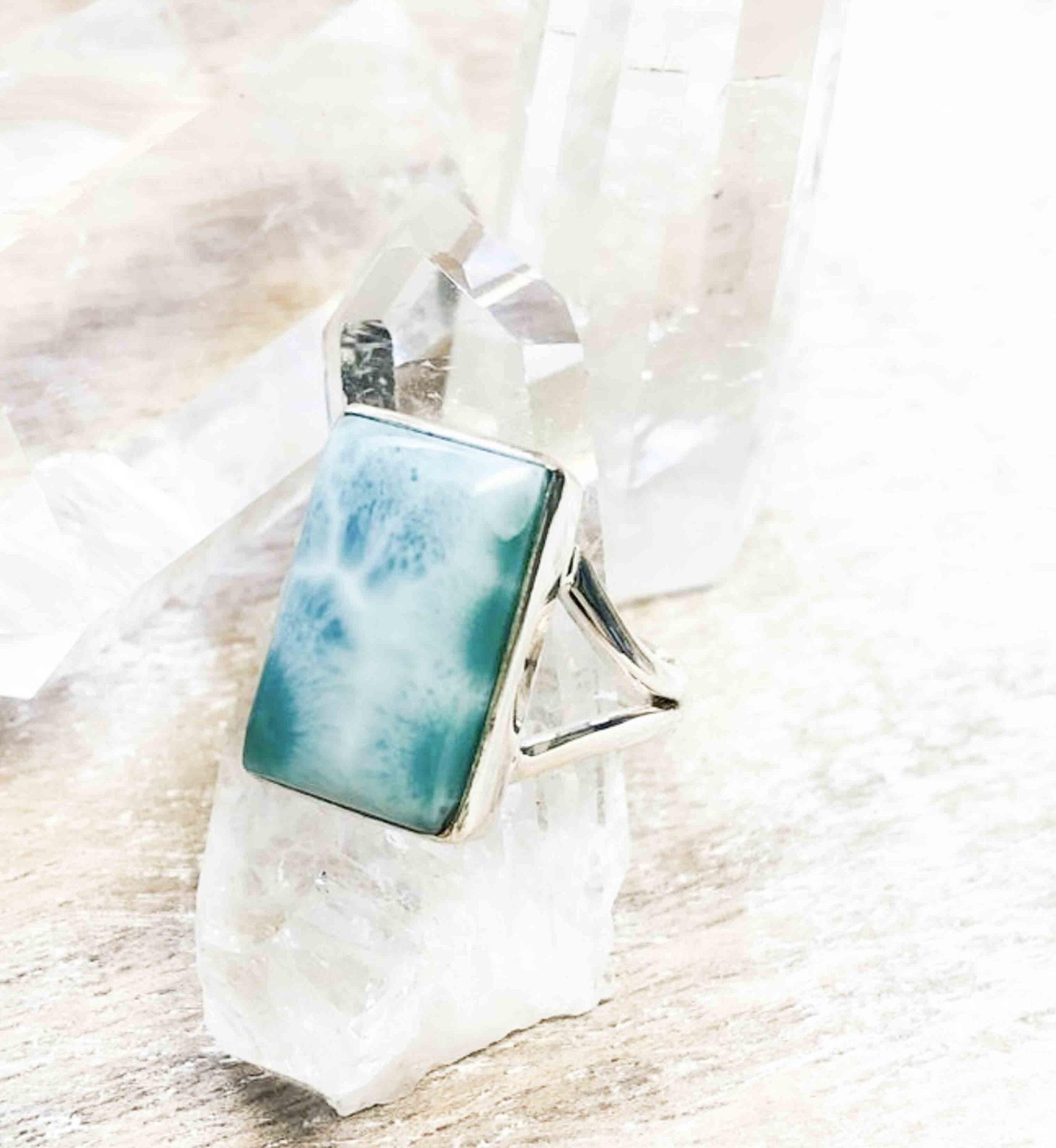Larimar Ring ~ Statement ~ Gemstone ~ Semi Precious Stone ~ Blue ~ White ~ Natural~Organic~Sterling Silver 925~Rectangular ~Thin Band~ MR293
