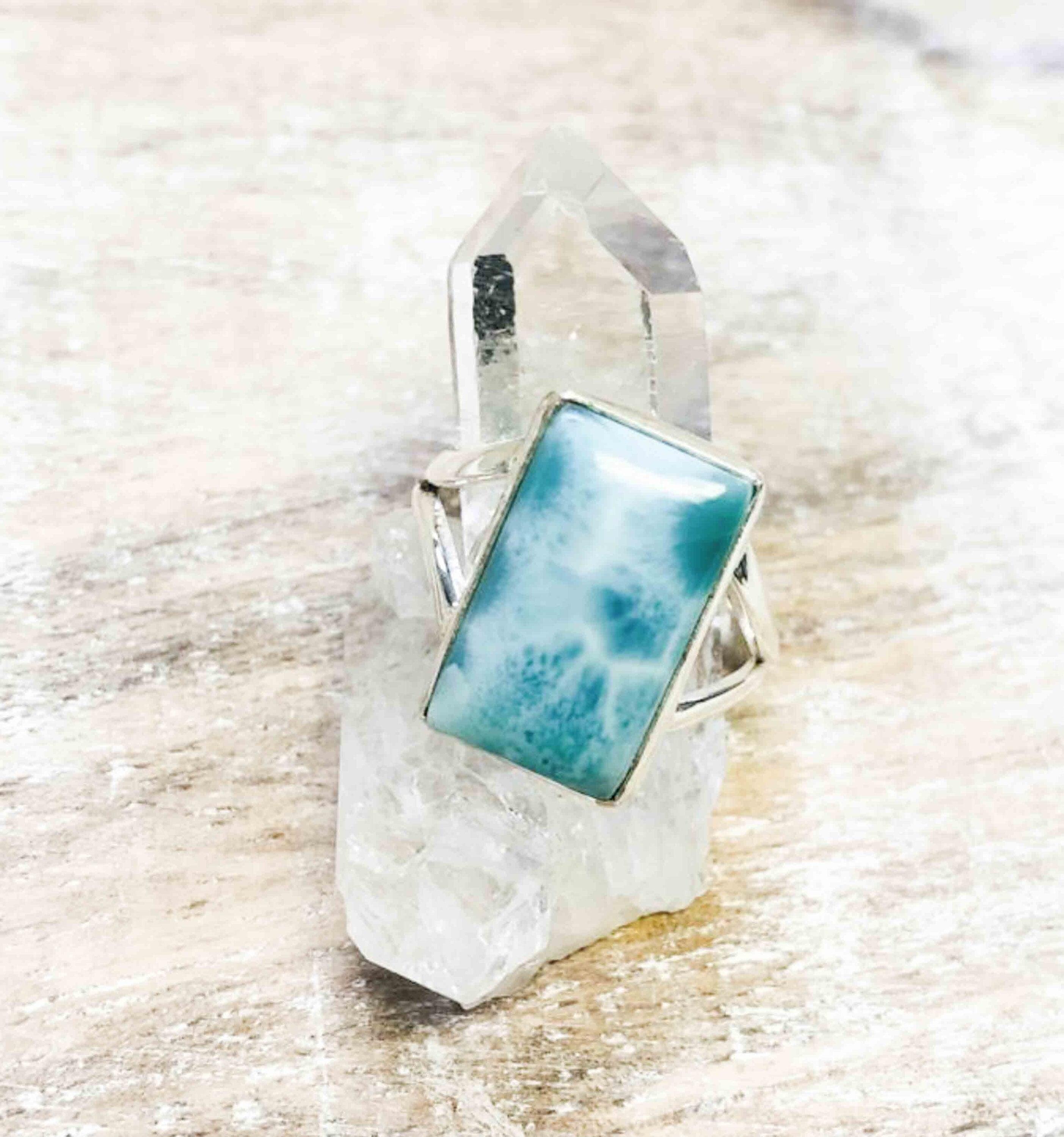 Larimar Ring ~ Statement ~ Gemstone ~ Semi Precious Stone ~ Blue ~ White ~ Natural~Organic~Sterling Silver 925~Rectangular ~Thin Band~ MR293