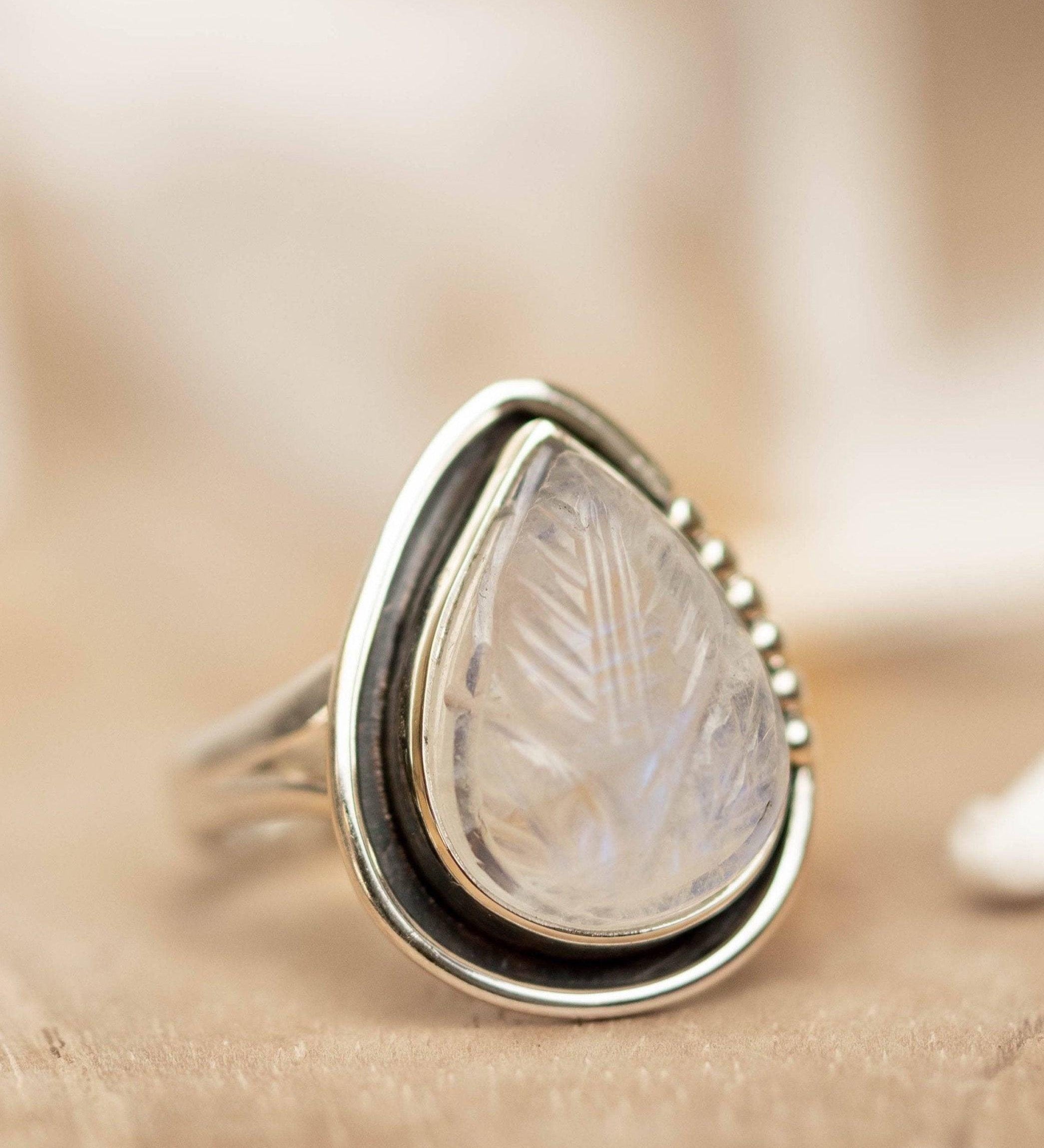 Moonstone Leaf Sculped accent~ Sterling Silver 925 ~ Handmade ~ Gemstone ~Statement Tear Drop stone ~ Hippie ~Bohemian~June Birthstone~MR248