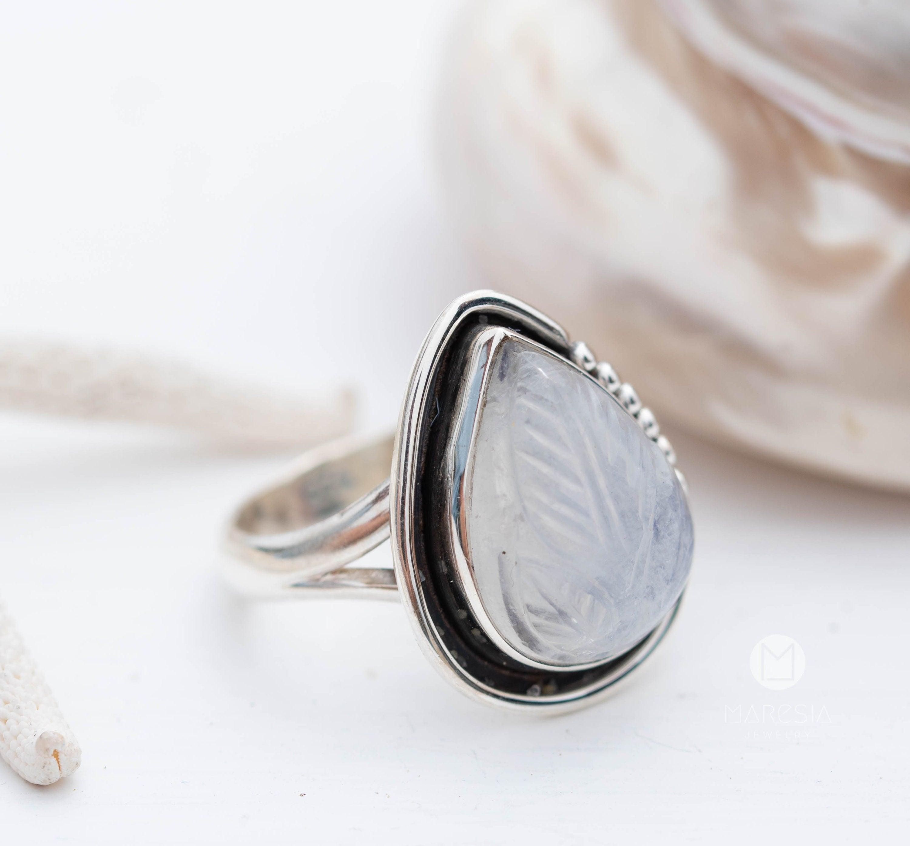 Moonstone Leaf Sculped accent~ Sterling Silver 925 ~ Handmade ~ Gemstone ~Statement Tear Drop stone ~ Hippie ~Bohemian~June Birthstone~MR248
