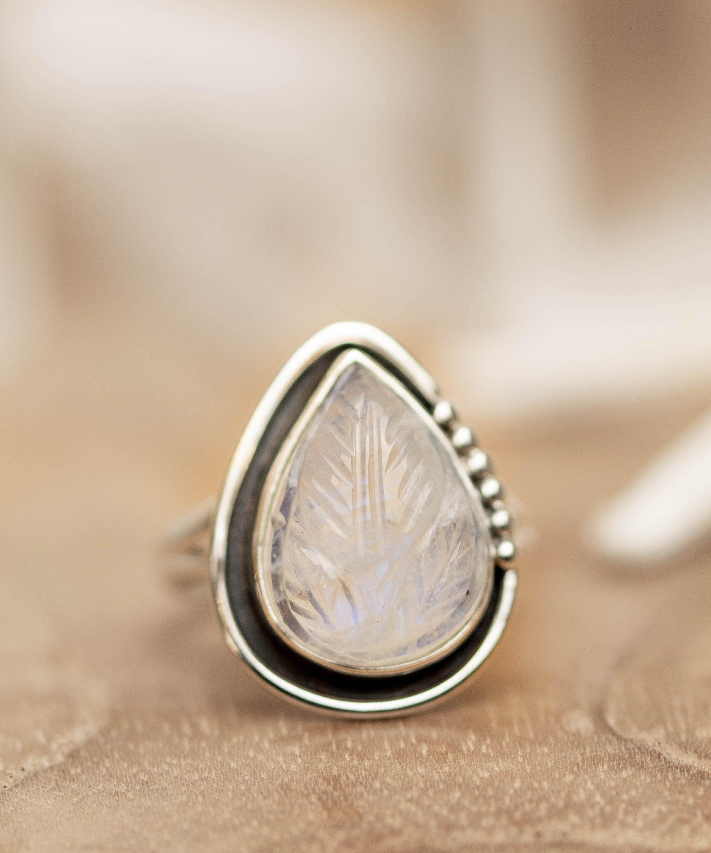 Moonstone Leaf Sculped accent~ Sterling Silver 925 ~ Handmade ~ Gemstone ~Statement Tear Drop stone ~ Hippie ~Bohemian~June Birthstone~MR248