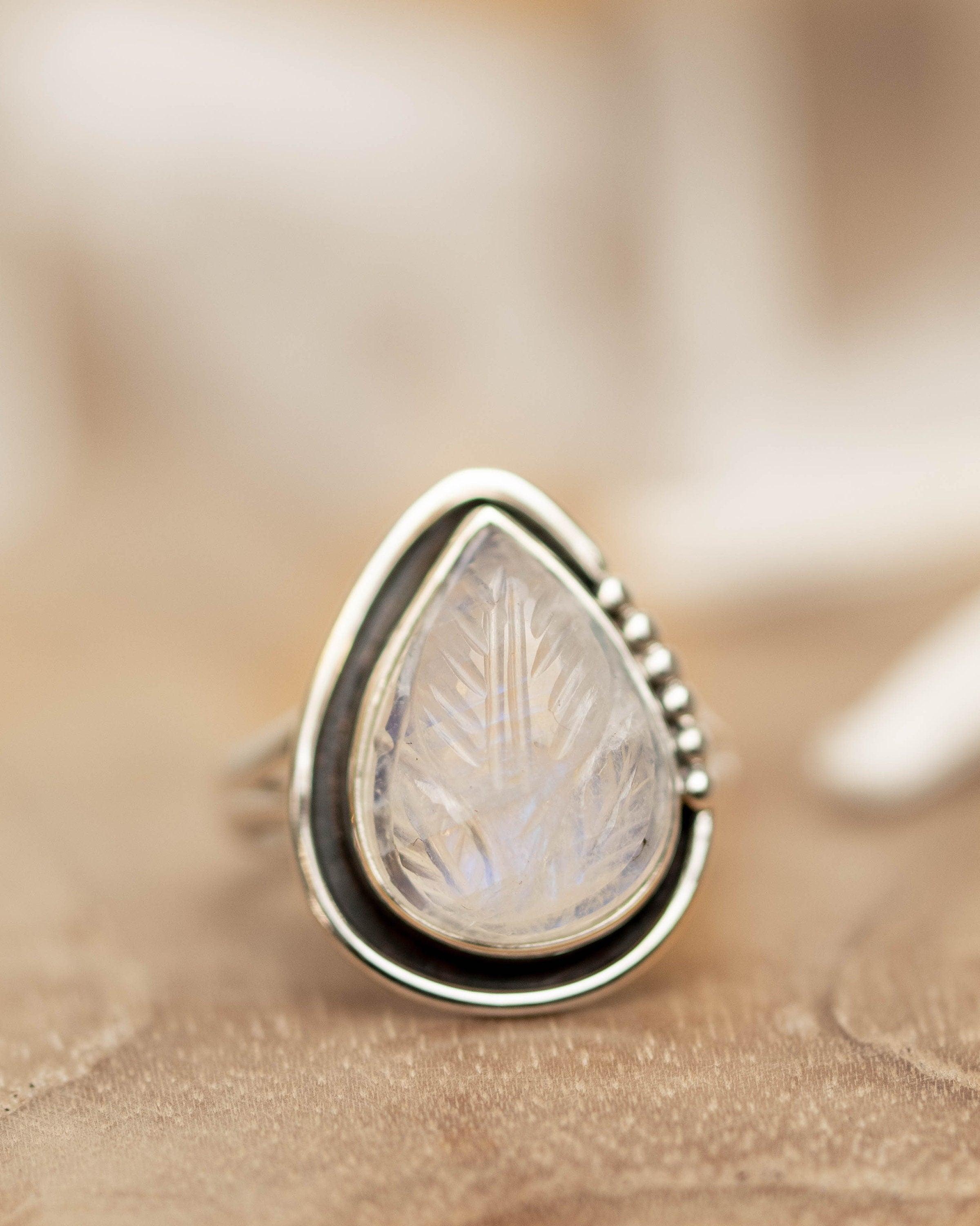 Moonstone Leaf Sculped accent~ Sterling Silver 925 ~ Handmade ~ Gemstone ~Statement Tear Drop stone ~ Hippie ~Bohemian~June Birthstone~MR248